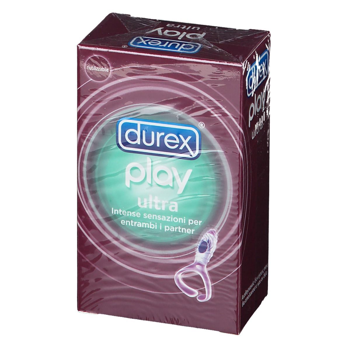 Confezione Durex Play Ultra. Scatola viola con immagine del prodotto. Scritta: Durex Play Ultra.