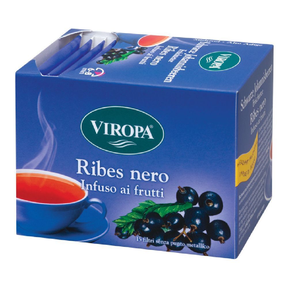 Scatola blu di tè Viropa Ribes Nero. Immagine di ribes nero e tazza di tè. 15 filtri.