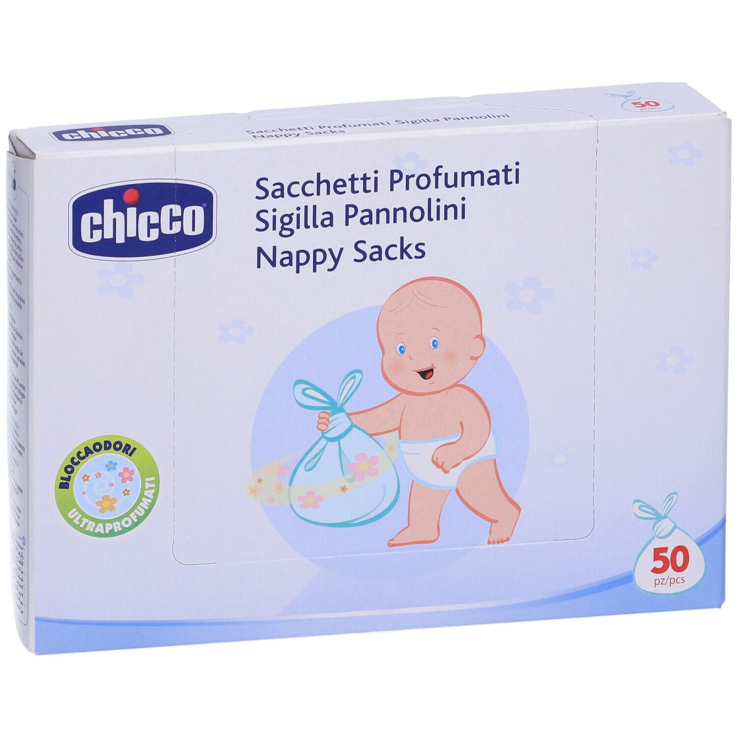 Scatola Chicco con testo: Sacchetti Profumati Sigilla Pannolini Nappy Sacks. Illustrazione bambino. 50 pezzi.