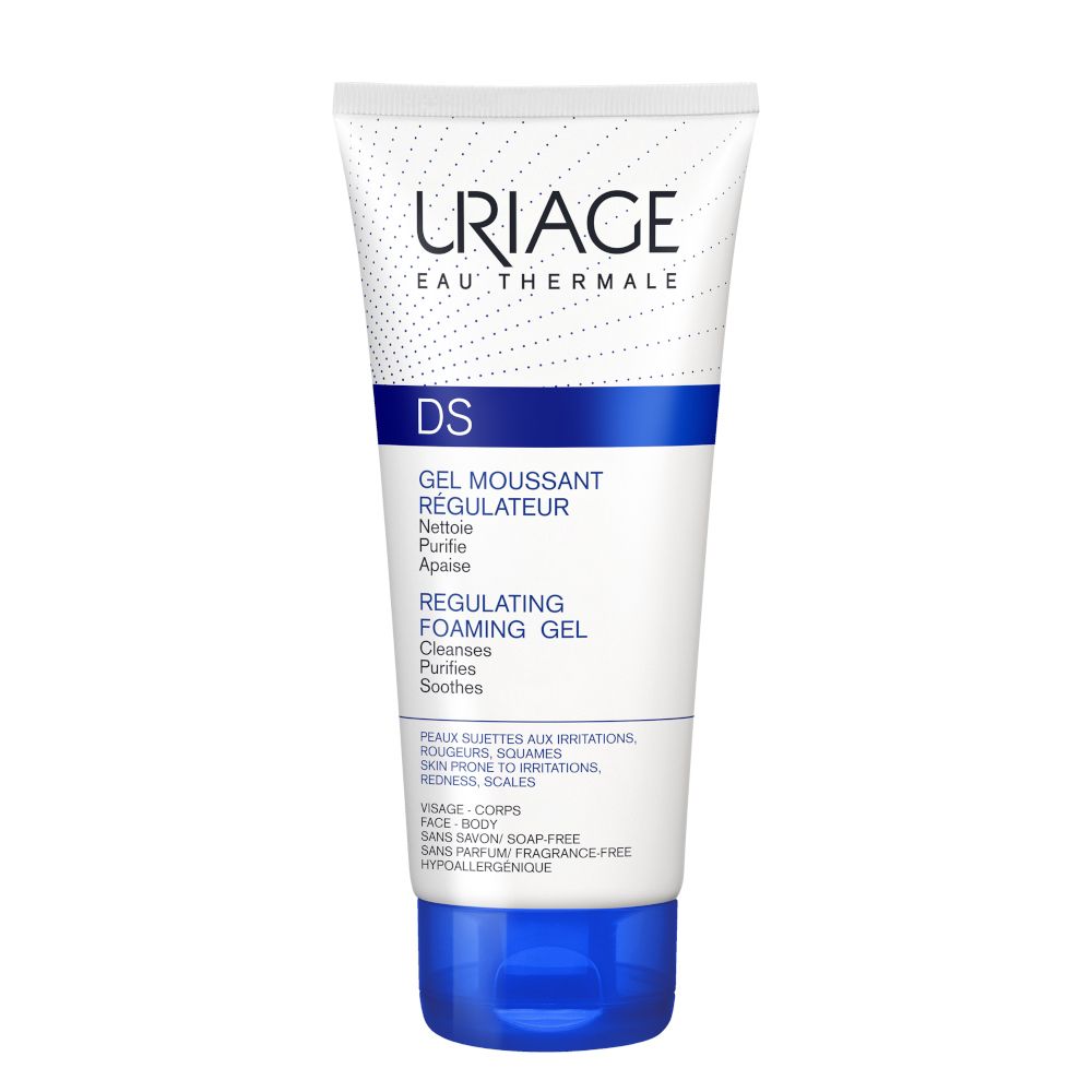 Uriage DS Gel Nettoyant. Weiße Tube mit blauem Deckel. Text: Uriage, DS, Gel Moussant Régulateur. 150ml.