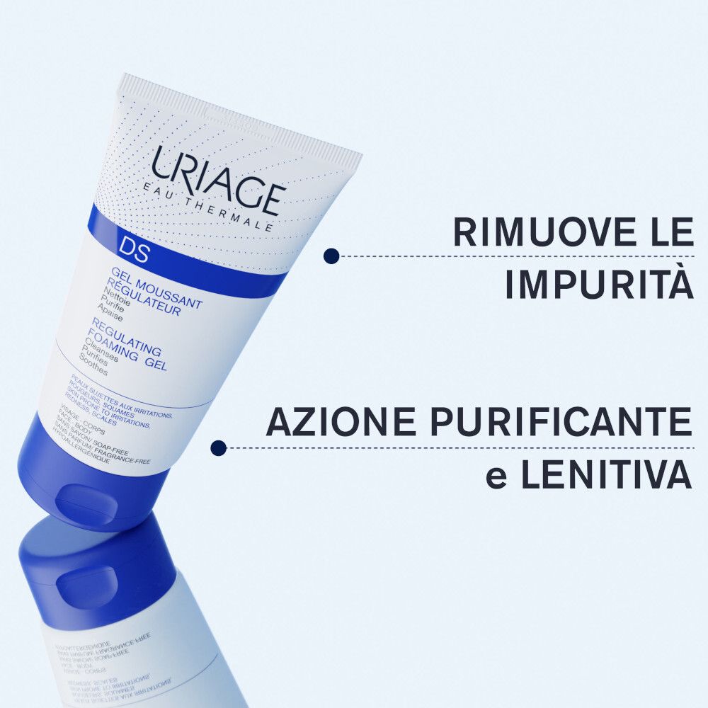 Uriage DS Gel Nettoyant Tube. Text: Rimuove le impurità, Azione purificante e lenitiva. Produkt auf weißem Hintergrund.