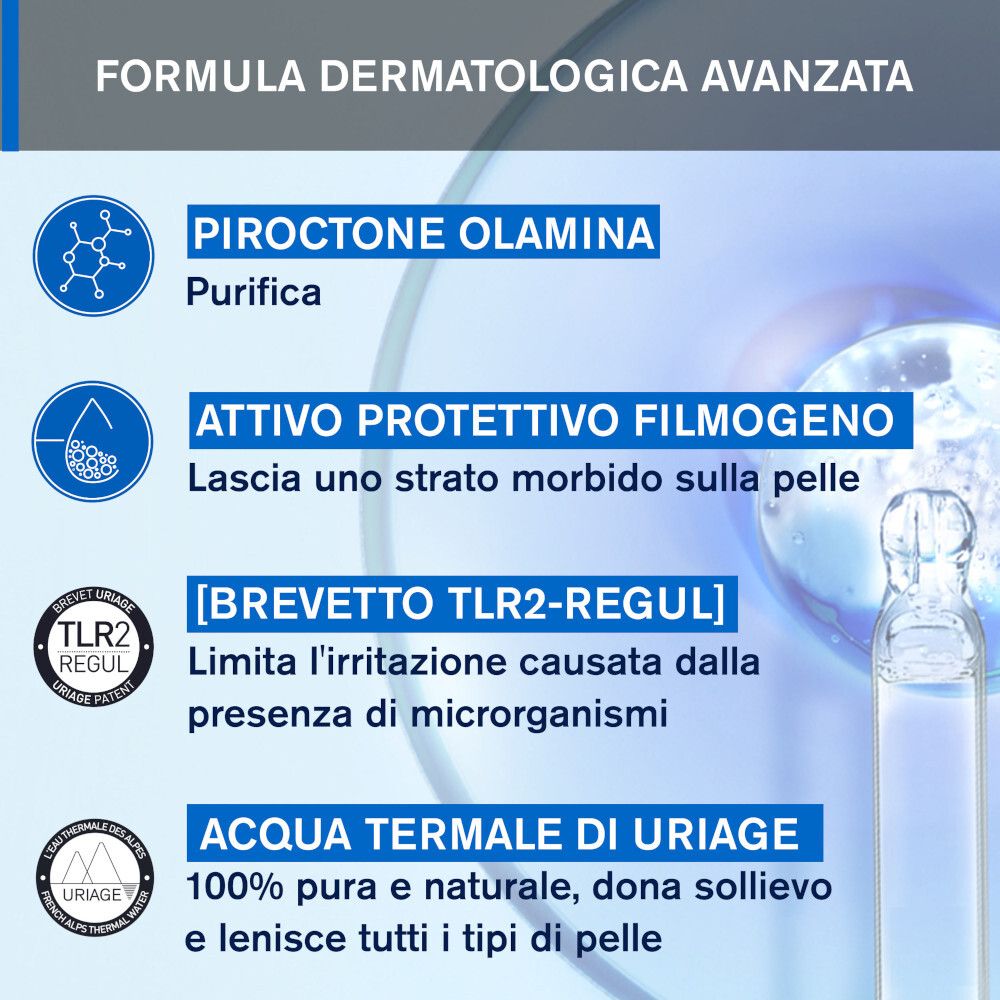 Grafik mit Produktbestandteilen. Text: Piroctone Olamina, Attivo Protettivo Filmogeno, Brevetto TLR2-Regul, Acqua Termale di Uriage.