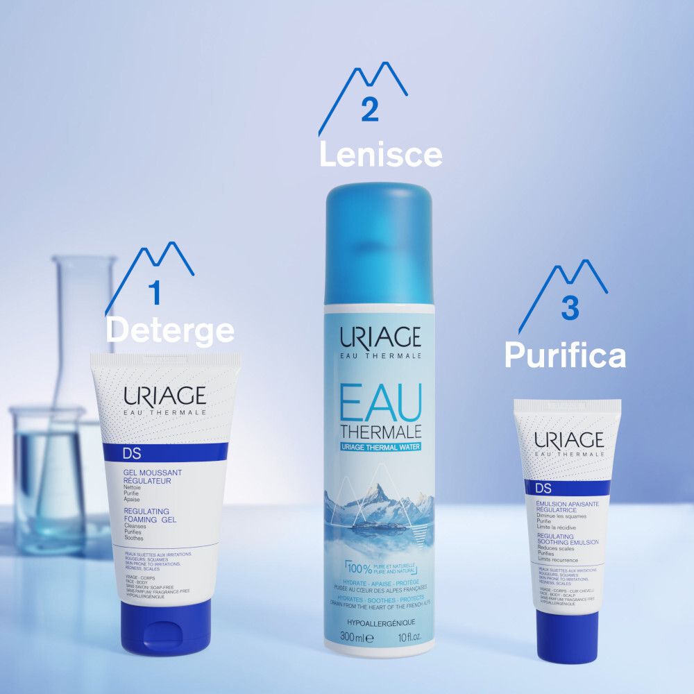 Drei Uriage-Produkte. Text: Detersch, Lenisce, Purifica. Uriage DS Gel Nettoyant, Eau Thermale, und ein weiteres DS Produkt.