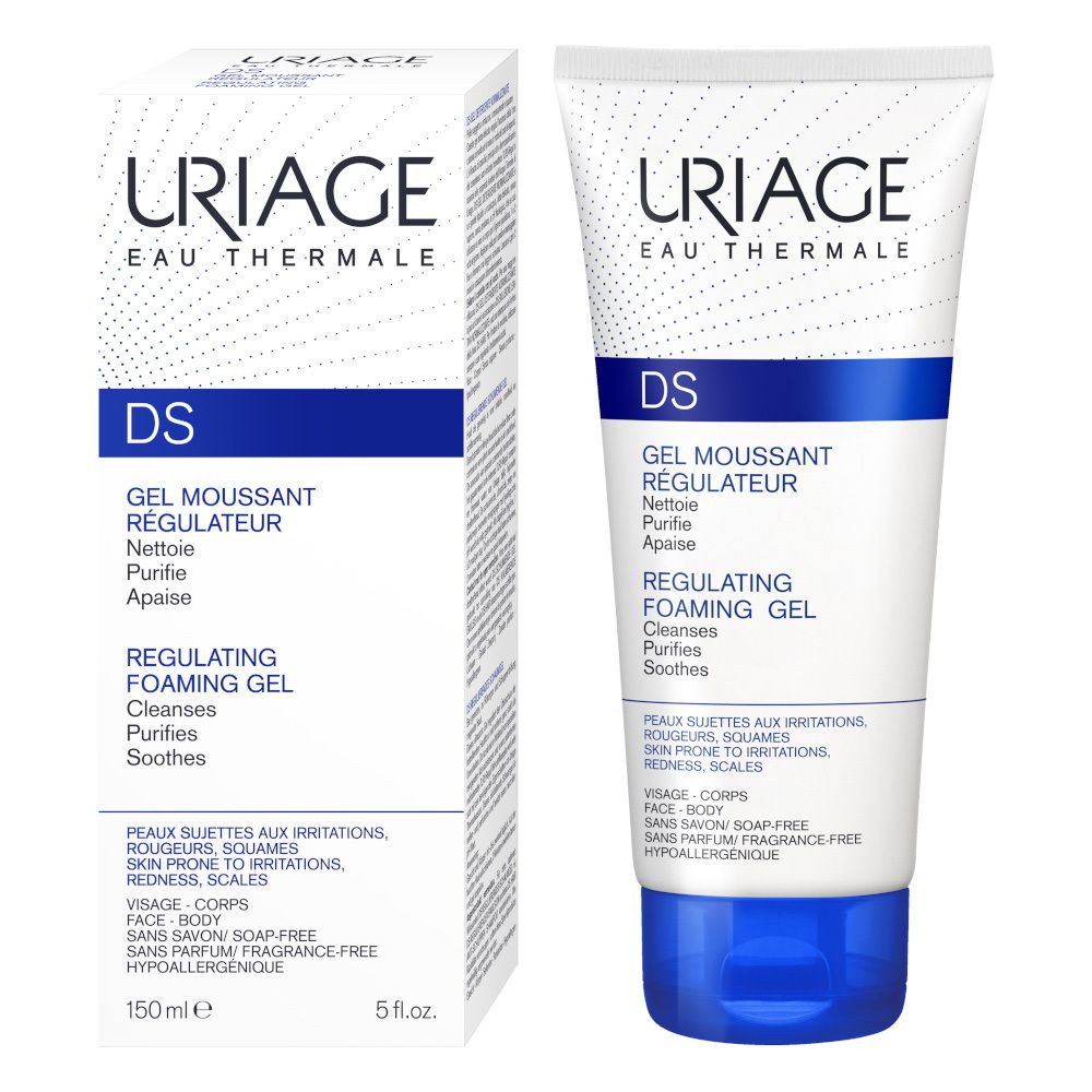 Uriage DS Gel Nettoyant und Verpackung. Weiße Tube und Schachtel mit blauen Akzenten. 150ml.