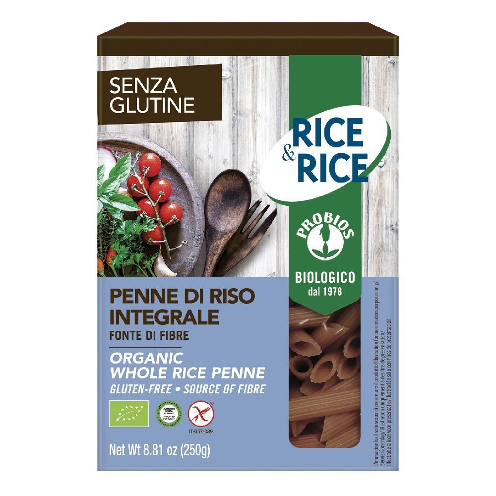 Confezione di Penne di Riso Integrale. Scritte: Senza Glutine, Rice & Rice, biologico. Contiene penne di riso integrale senza glutine.