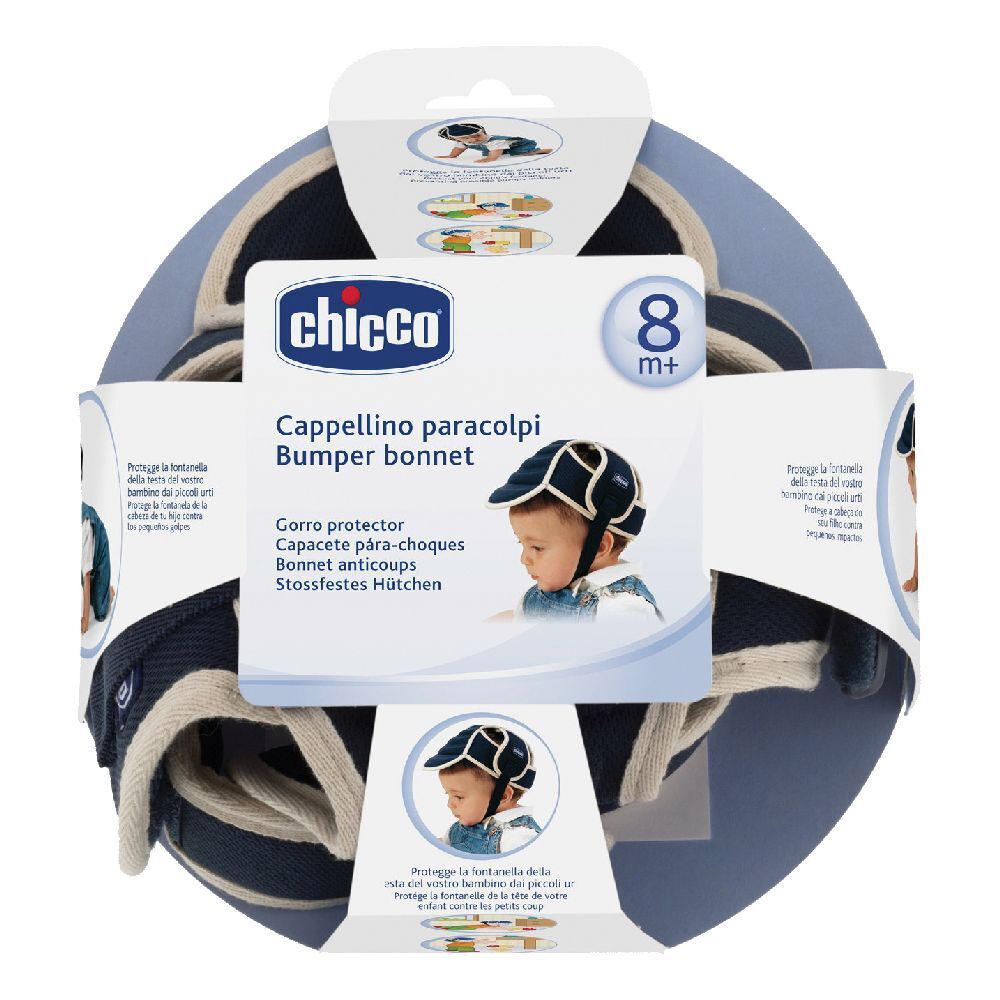 Chicco Cappellino Paracolpi. Caschetto protettivo blu e bianco per neonati. Confezione con immagine e logo. 8+ mesi.