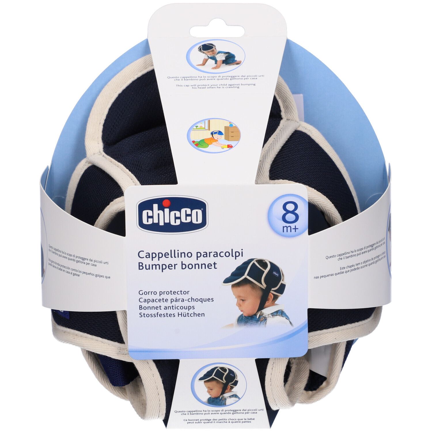 Chicco Cappellino Paracolpi. Caschetto protettivo blu e bianco per neonati. Confezione con immagine e logo. 8+ mesi.