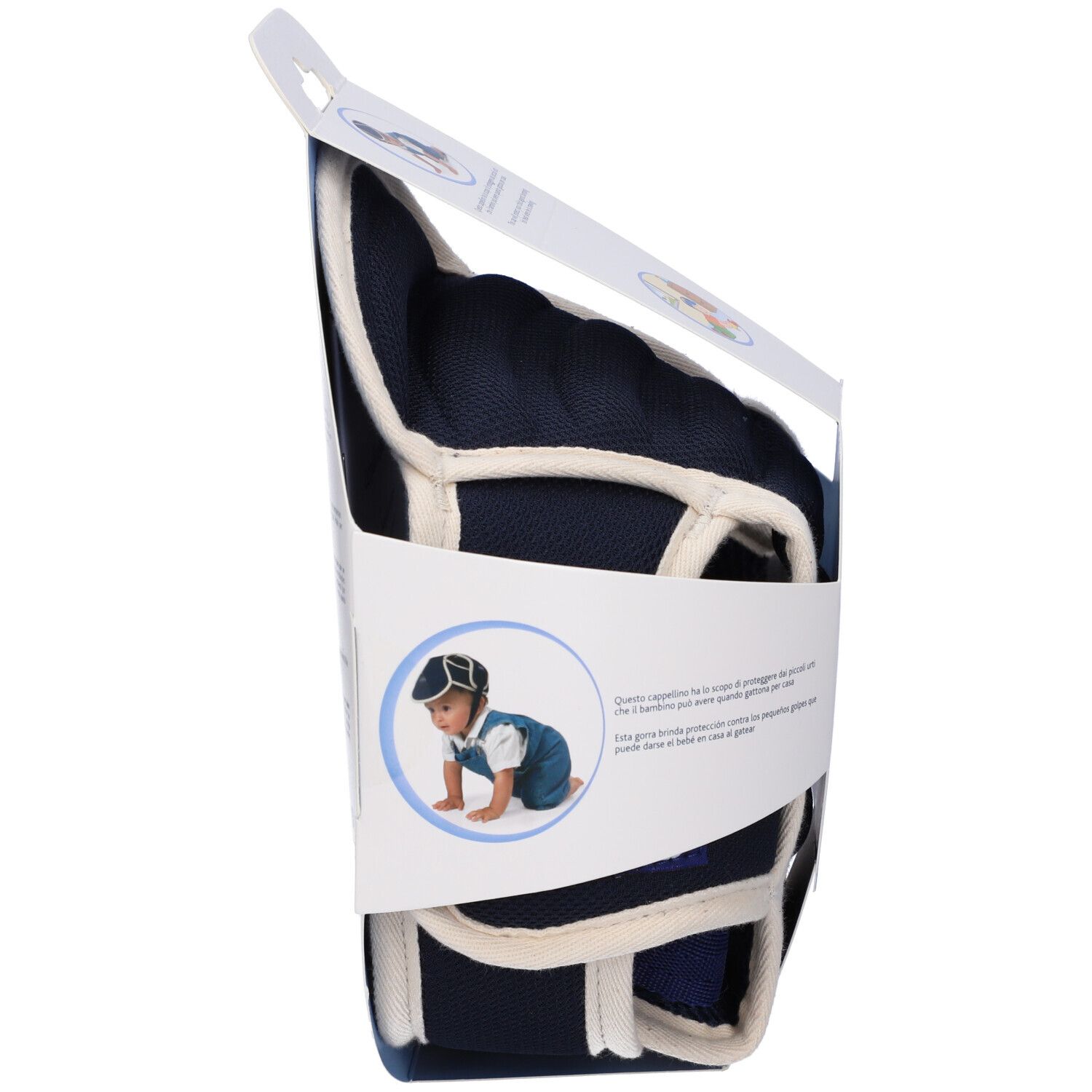 Chicco Cappellino Paracolpi. Caschetto protettivo blu e bianco per neonati. Confezione con immagine e logo. 8+ mesi.