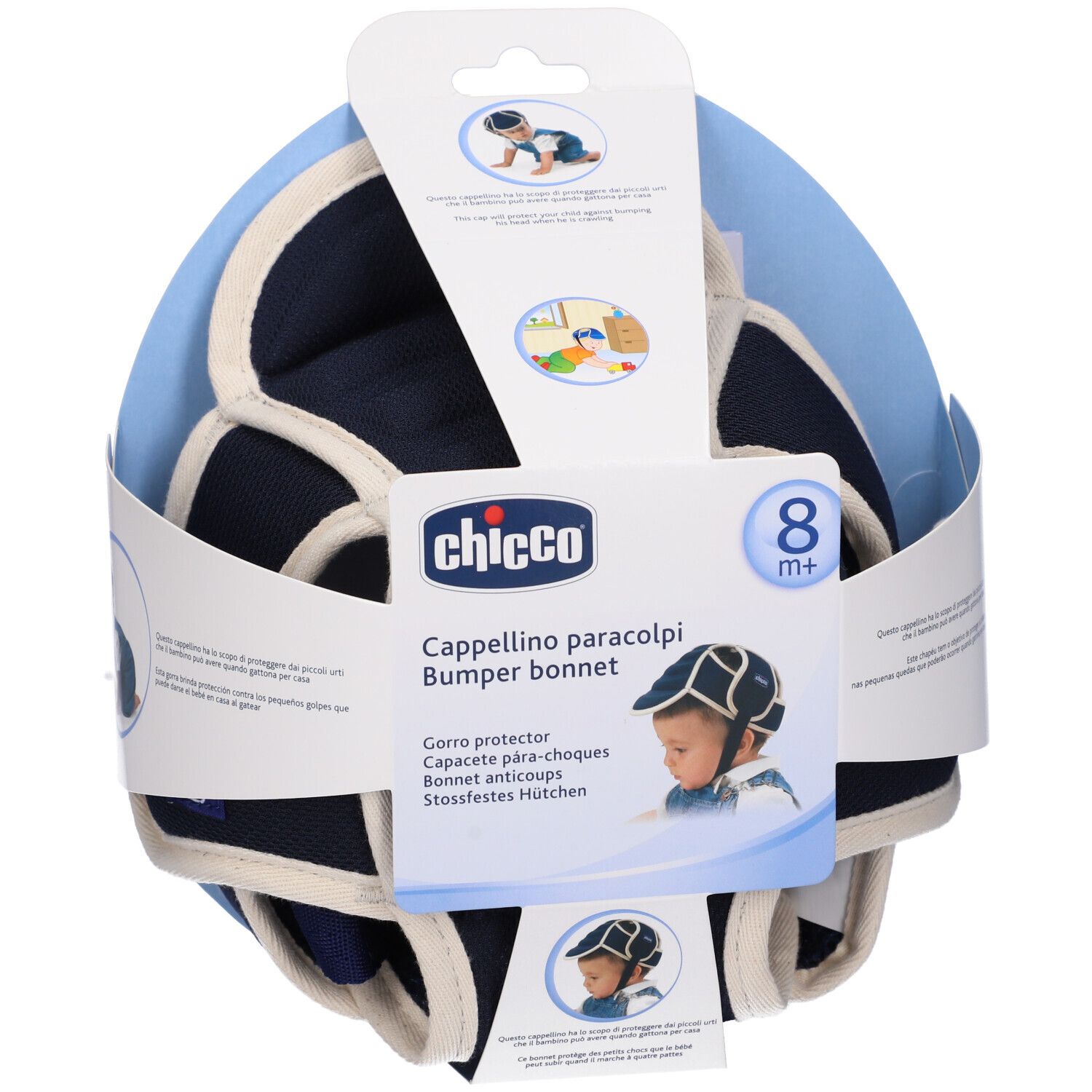 Chicco Cappellino Paracolpi. Caschetto protettivo blu e bianco per neonati. Confezione con immagine e logo. 8+ mesi.