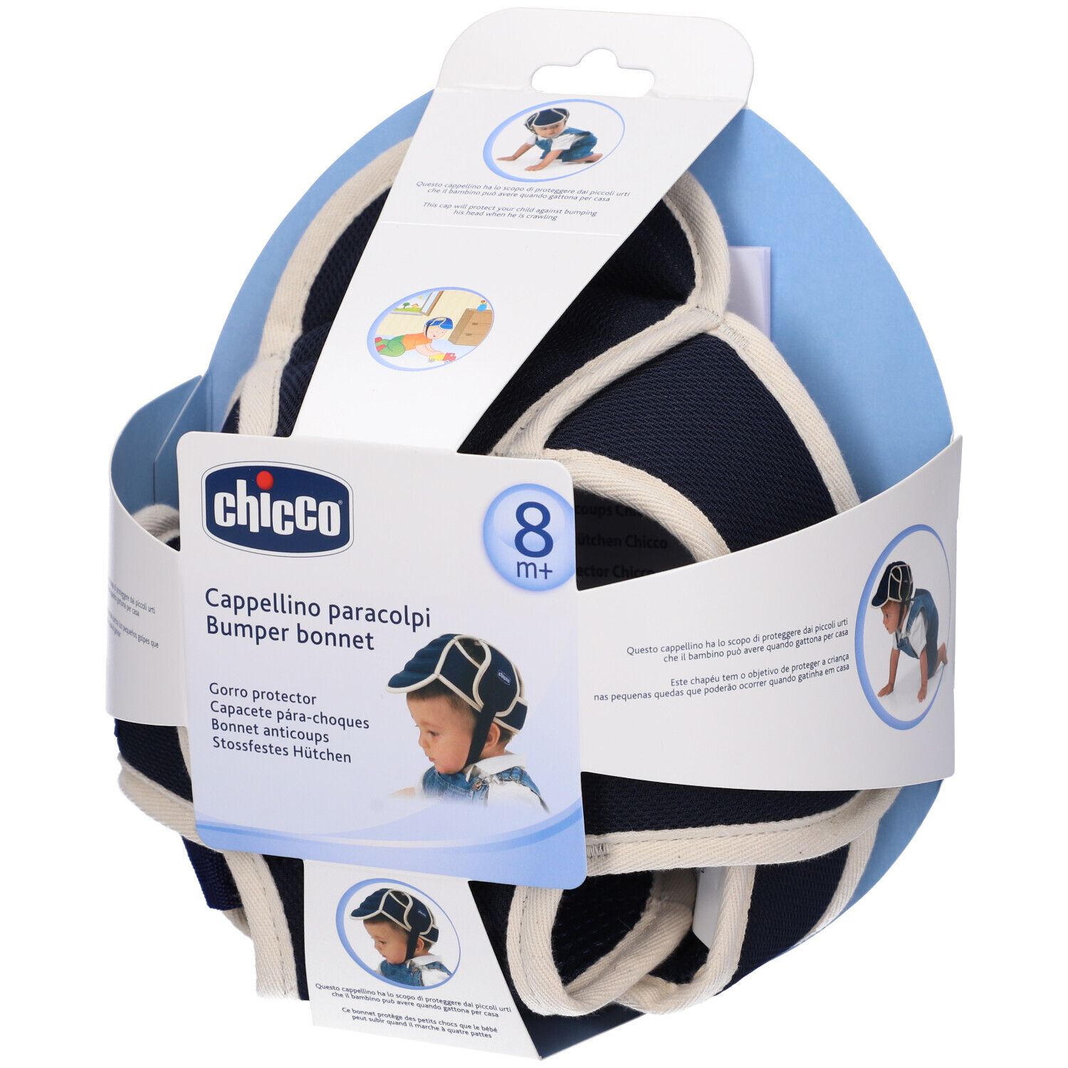 Chicco Cappellino Paracolpi. Caschetto protettivo blu e bianco per neonati. Confezione con immagine e logo. 8+ mesi.