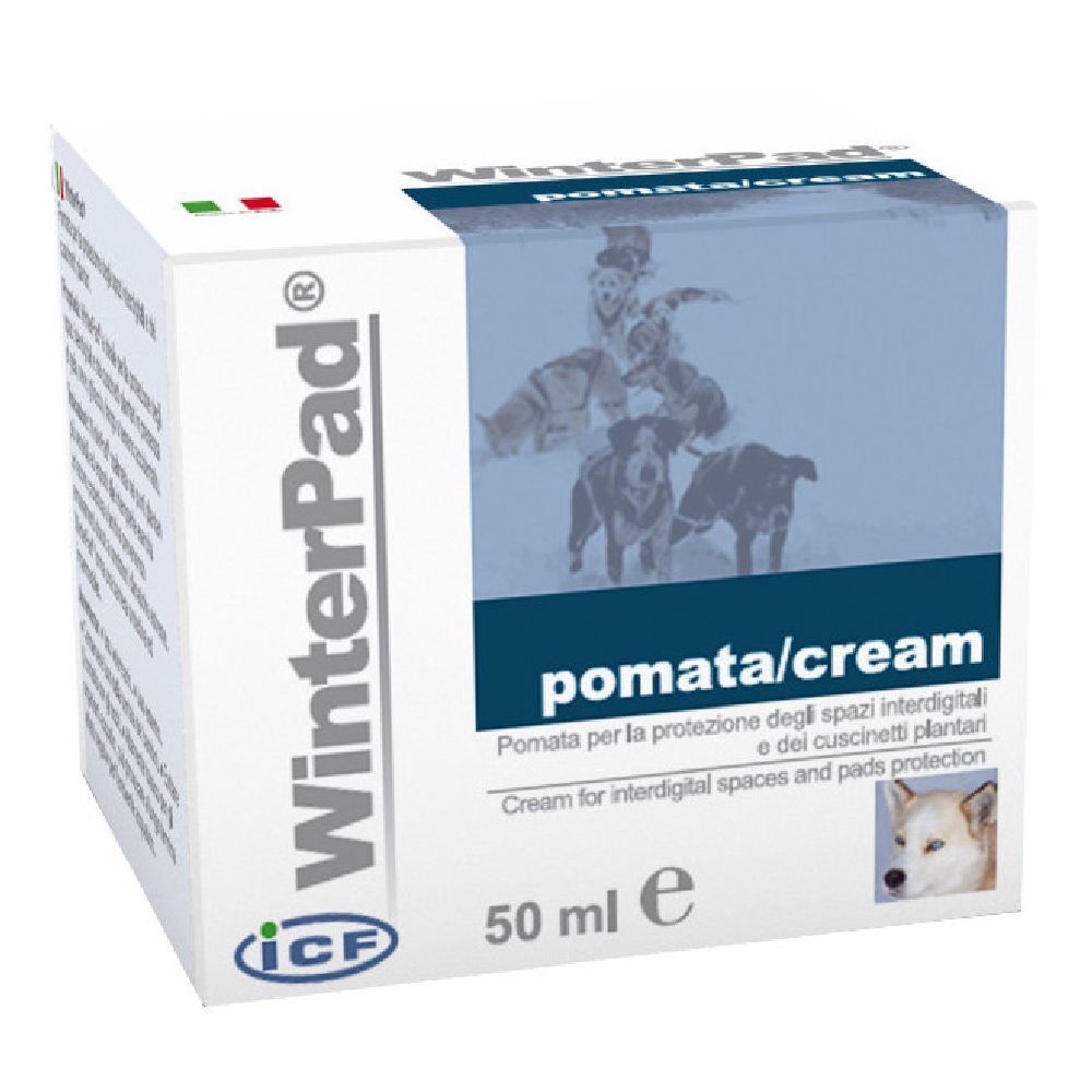 WinterPad Pomata/Cream, 50 ml. Boîte blanche avec nom du produit et image de chiens. Contient des textes en italien et en anglais.