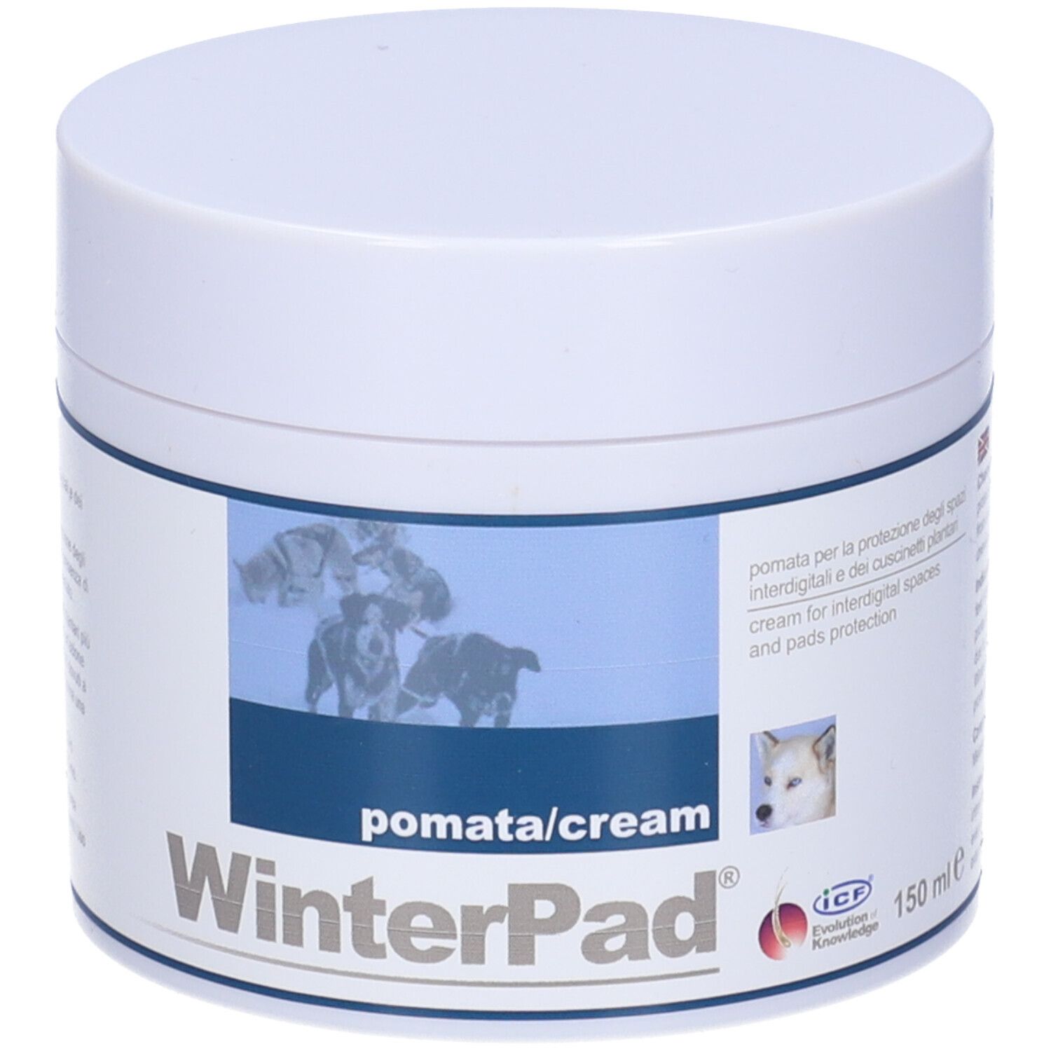 WinterPad Pomata/Cream, 150 ml. Pot blanc avec nom du produit et image de chiens. Contient des textes en italien et en anglais.
