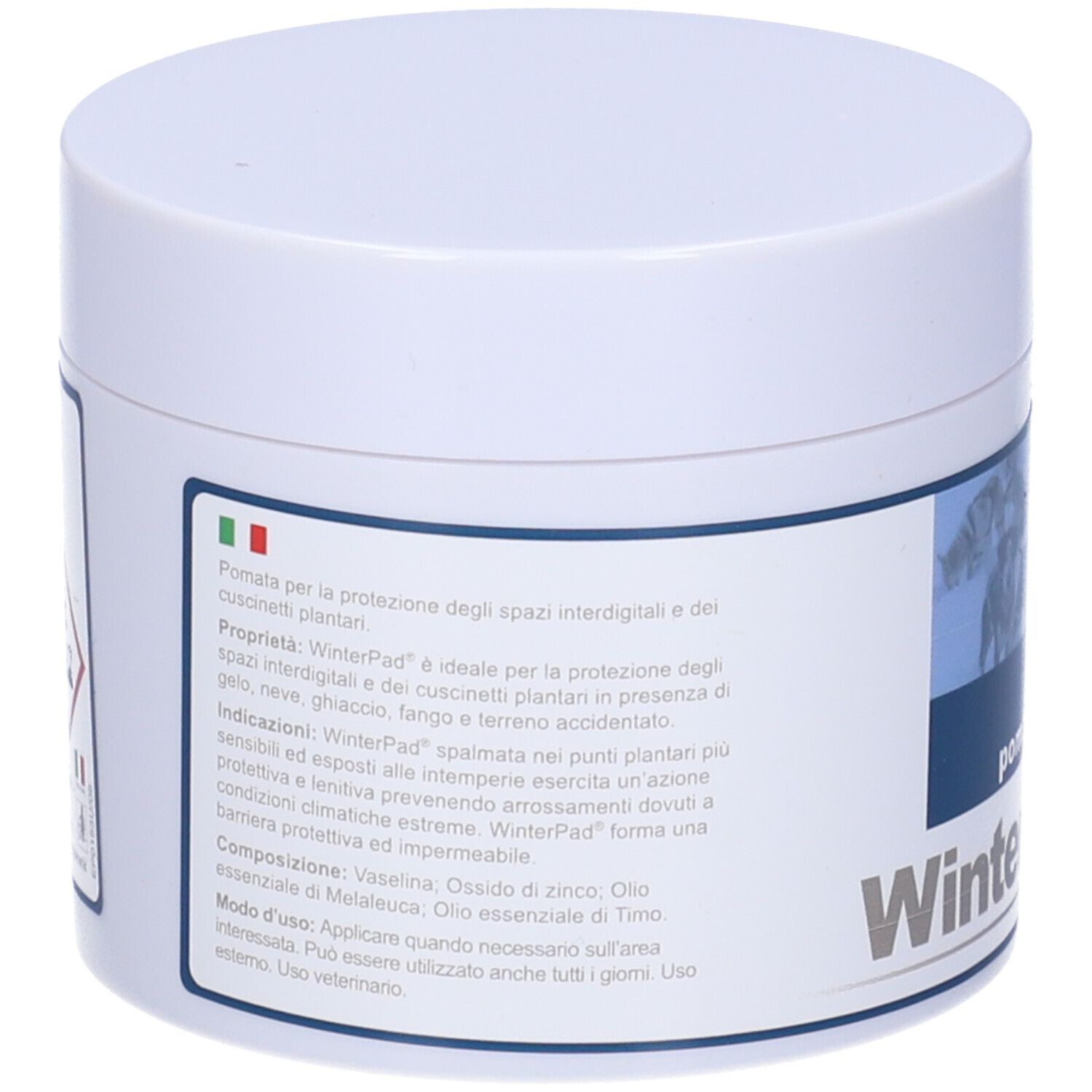 WinterPad Pomata/Cream, 150 ml. Pot blanc avec informations sur le produit. Contient des textes en italien et un symbole de danger.