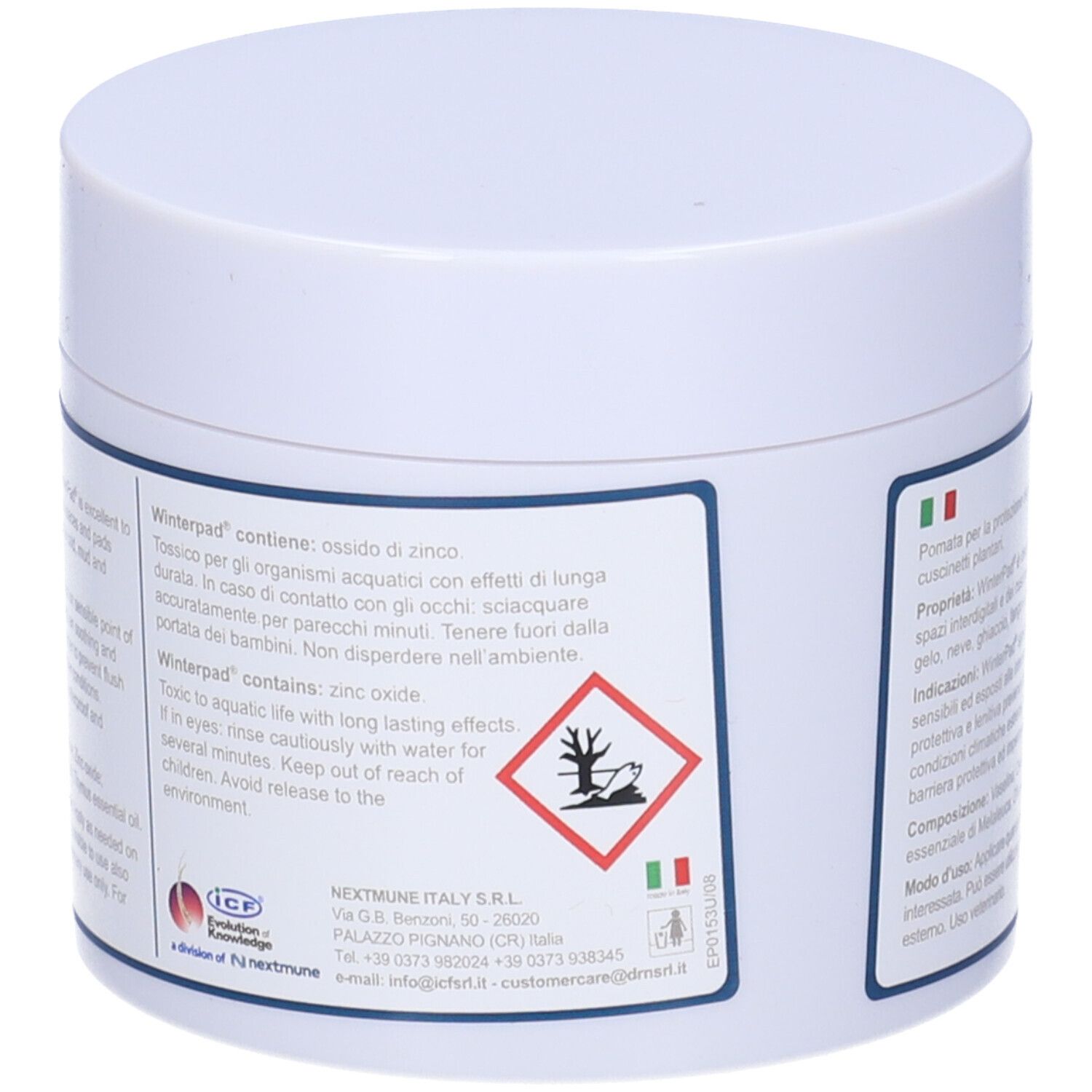 WinterPad Pomata/Cream, 150 ml. Pot blanc avec informations sur le produit. Contient des textes en italien et un symbole de danger.