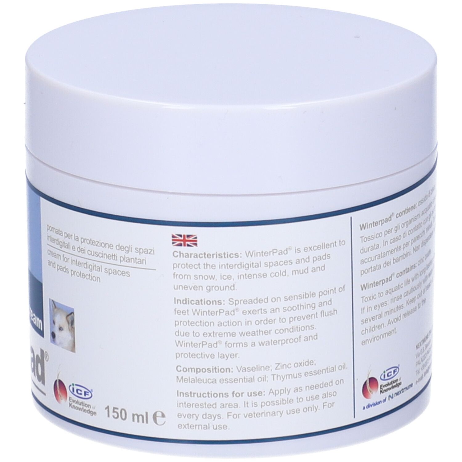 WinterPad Pomata/Cream, 150 ml. Pot blanc avec informations sur le produit. Contient des textes en anglais et une image de chien.