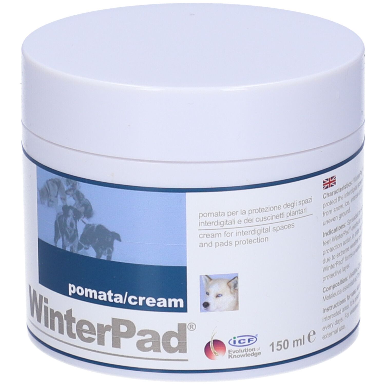 WinterPad Pomata/Cream, 150 ml. Pot blanc avec nom du produit et image de chiens. Contient des textes en italien et en anglais.