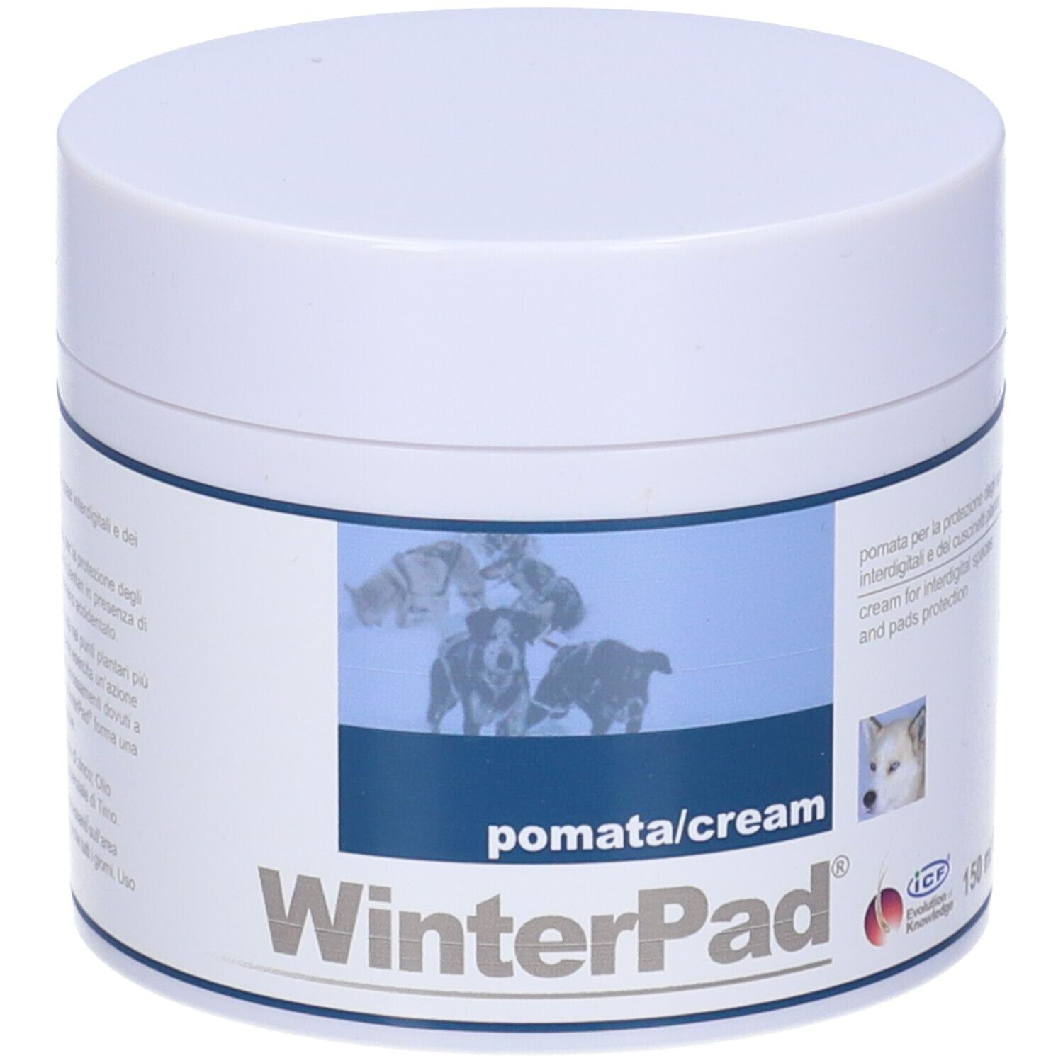 WinterPad Pomata/Cream, 150 ml. Pot blanc avec nom du produit et image de chiens. Contient des textes en italien et en anglais.