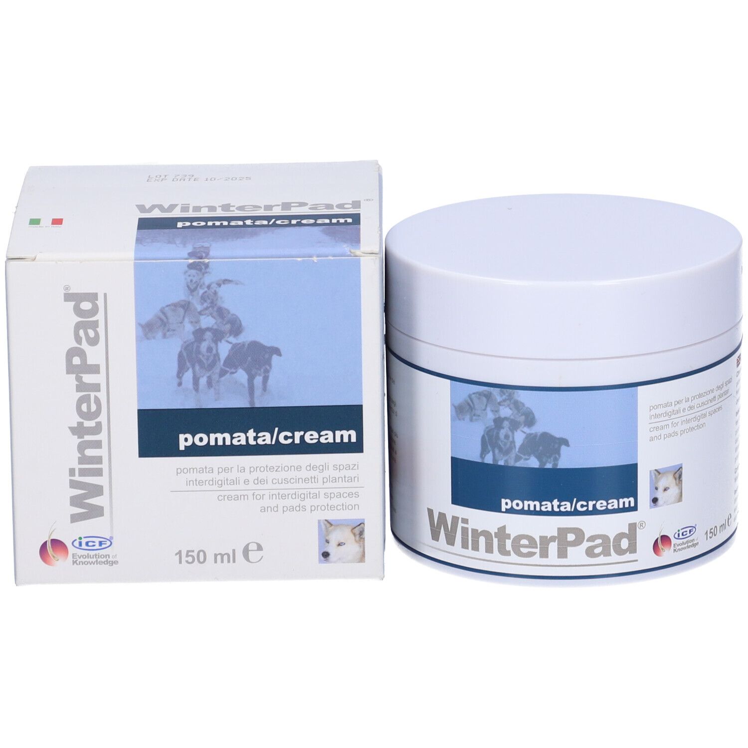 WinterPad Pomata/Cream, 150 ml. Pot et emballage blancs. Nom du produit et image de chiens. Textes en italien et en anglais.