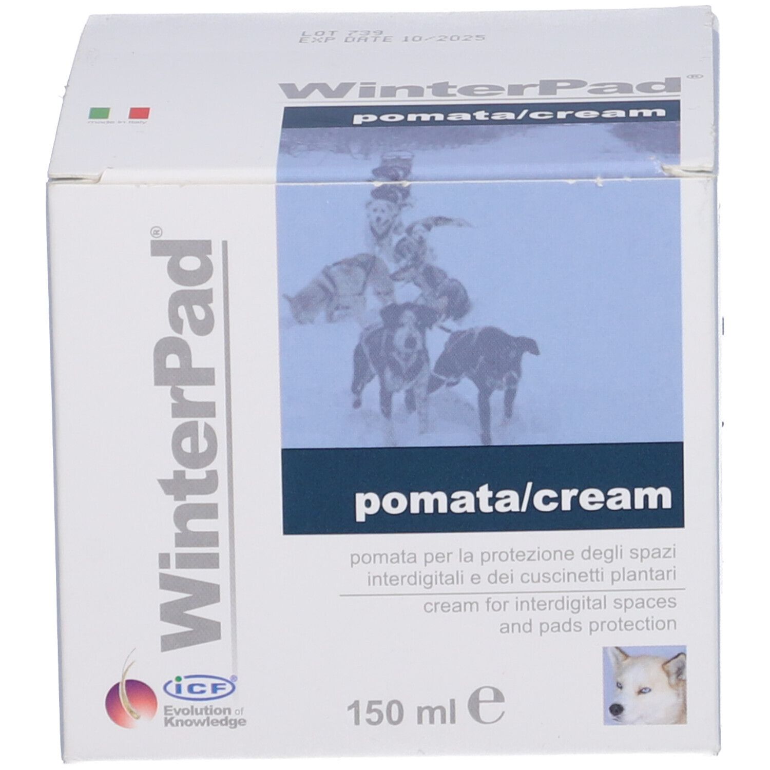WinterPad Pomata/Cream, 150 ml. Boîte blanche avec nom du produit et image de chiens. Contient des textes en italien et en anglais.