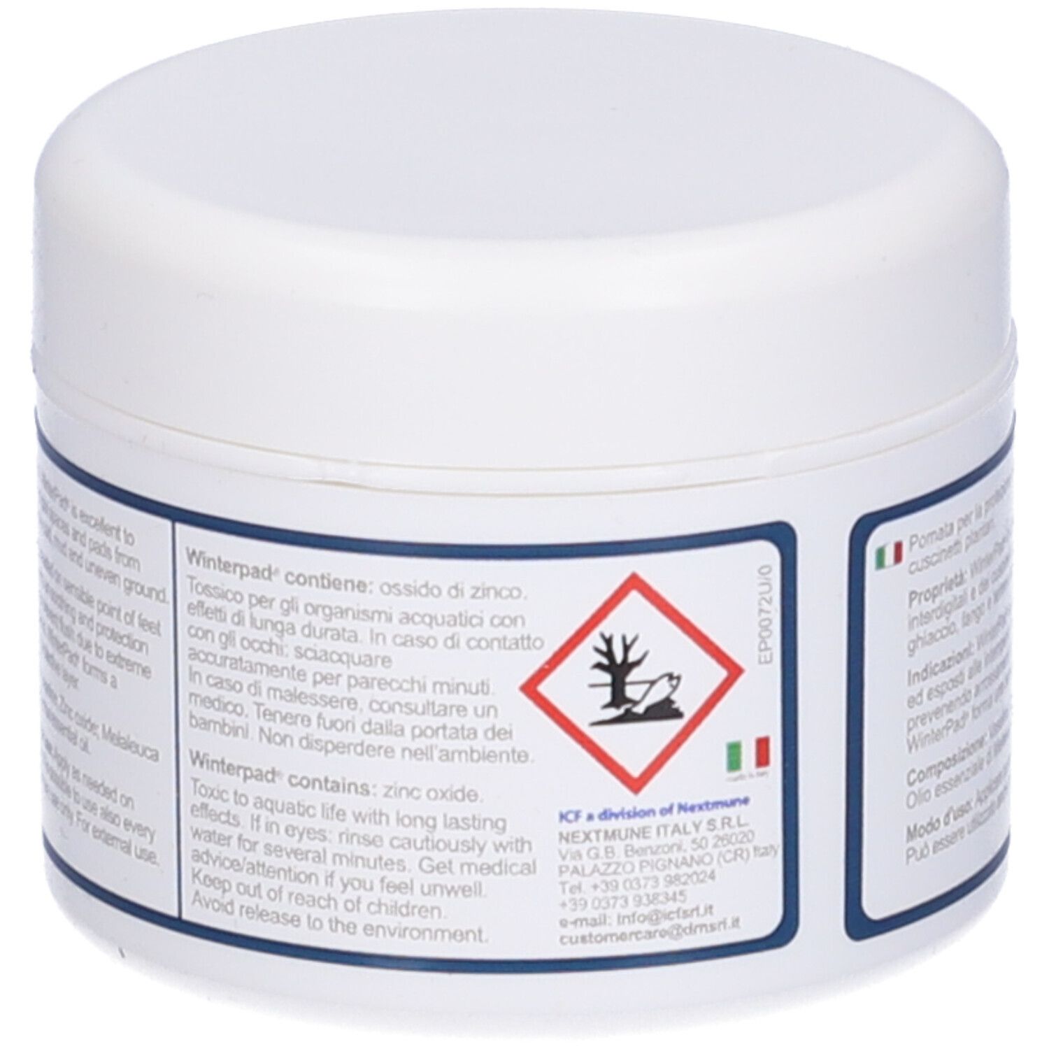 Pot blanc avec informations produit. Texte en italien et anglais. Symbole de danger.