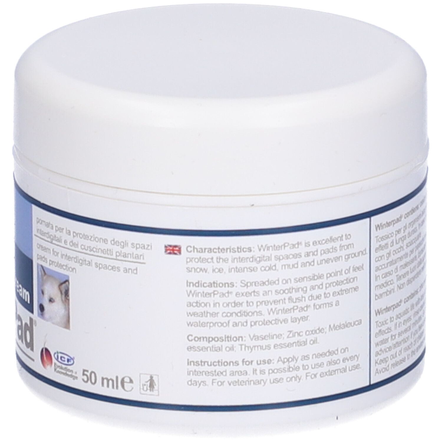 Pot blanc avec informations produit. Texte en italien et anglais. 50 ml.