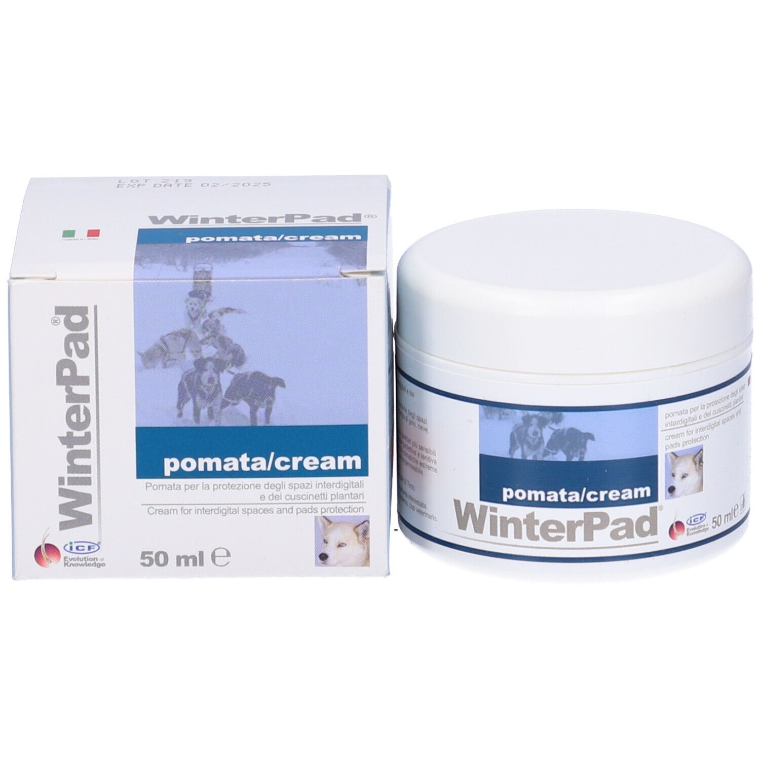 Pot blanc et boîte WinterPad. Logo et nom du produit. Chiens. 50 ml.