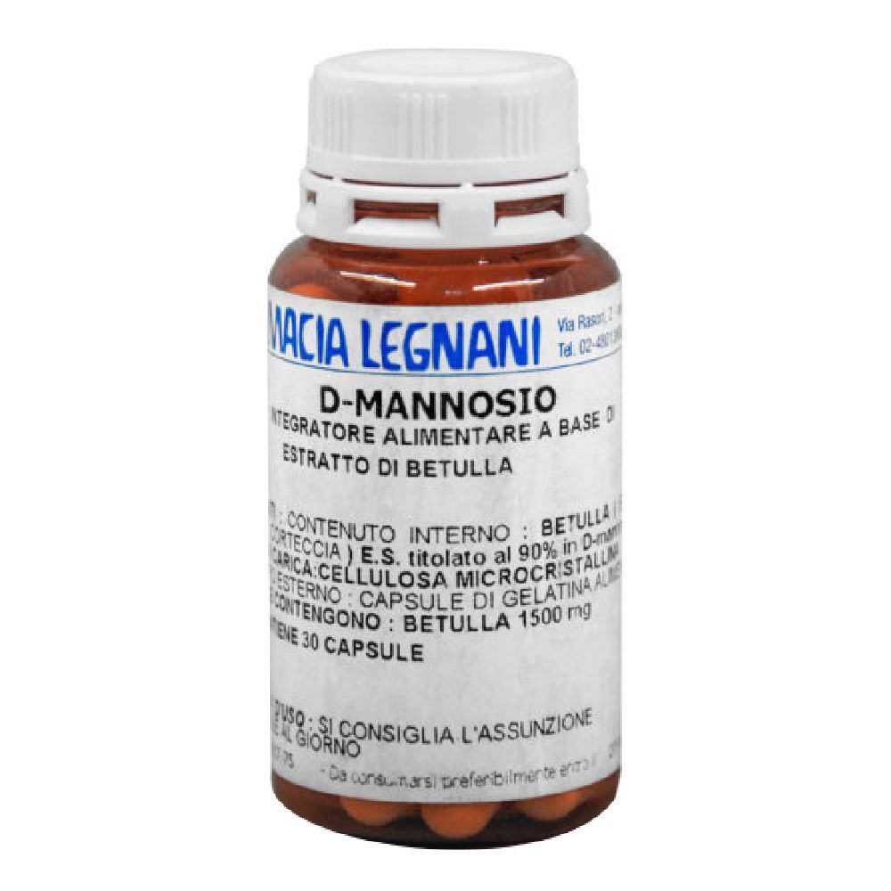 Capsule marroni in un flacone marrone con tappo bianco. Scritta: D-Mannosio, Farmacia Legnani.