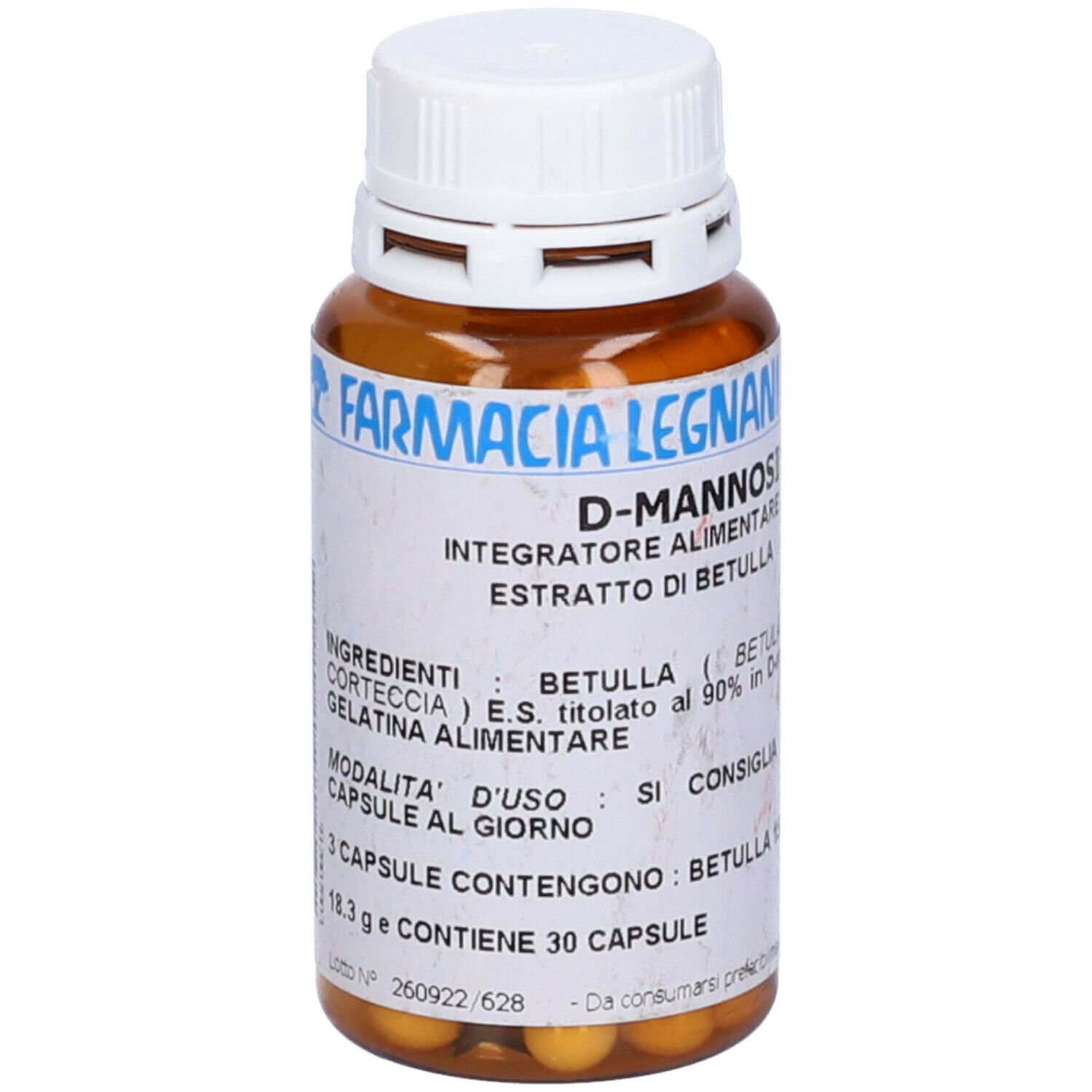 Capsule marroni in un flacone marrone con tappo bianco. Scritta: D-Mannosio, Farmacia Legnani.