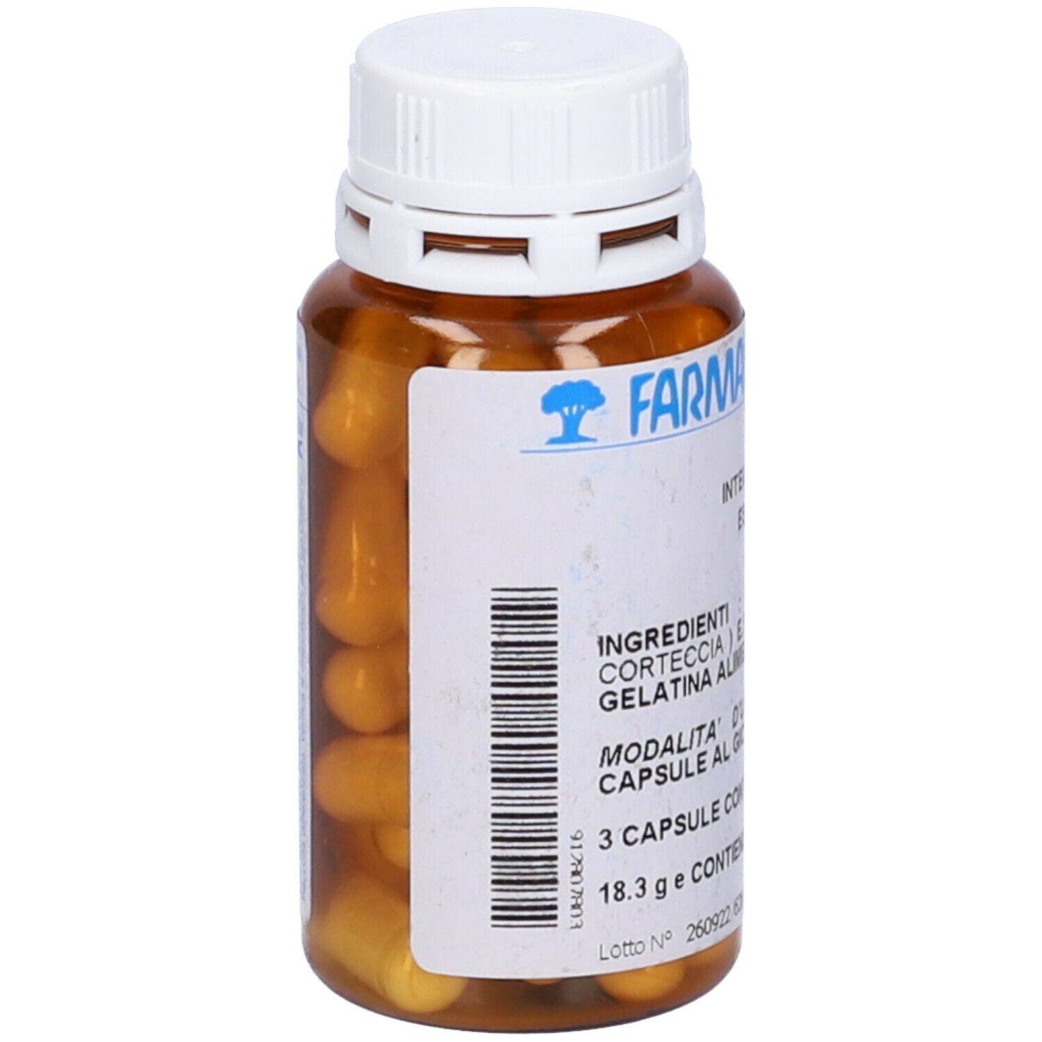 Capsule marroni in un flacone marrone con tappo bianco. Scritta: D-Mannosio, Farmacia Legnani.