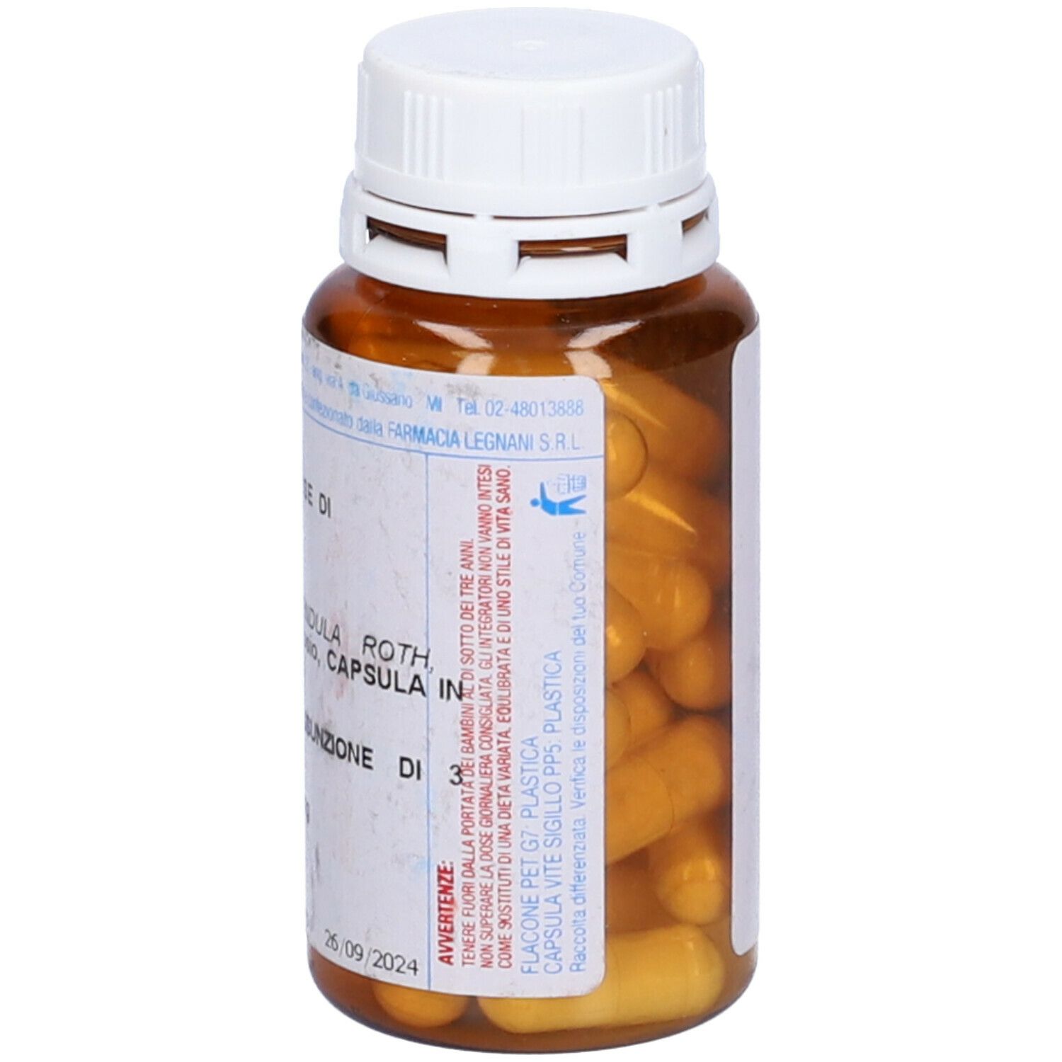 Capsule marroni in un flacone marrone con tappo bianco. Scritta: D-Mannosio, Farmacia Legnani.