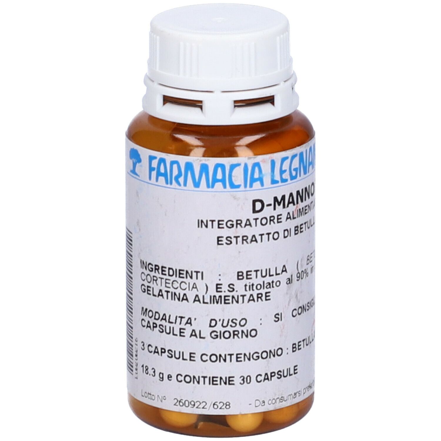 Capsule marroni in un flacone marrone con tappo bianco. Scritta: D-Mannosio, Farmacia Legnani.