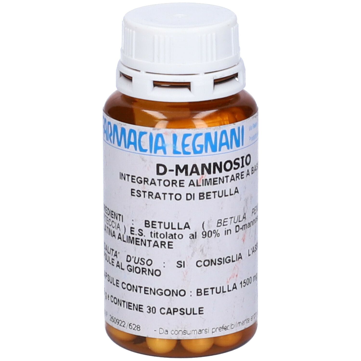 Capsule marroni in un flacone marrone con tappo bianco. Scritta: D-Mannosio, Farmacia Legnani.