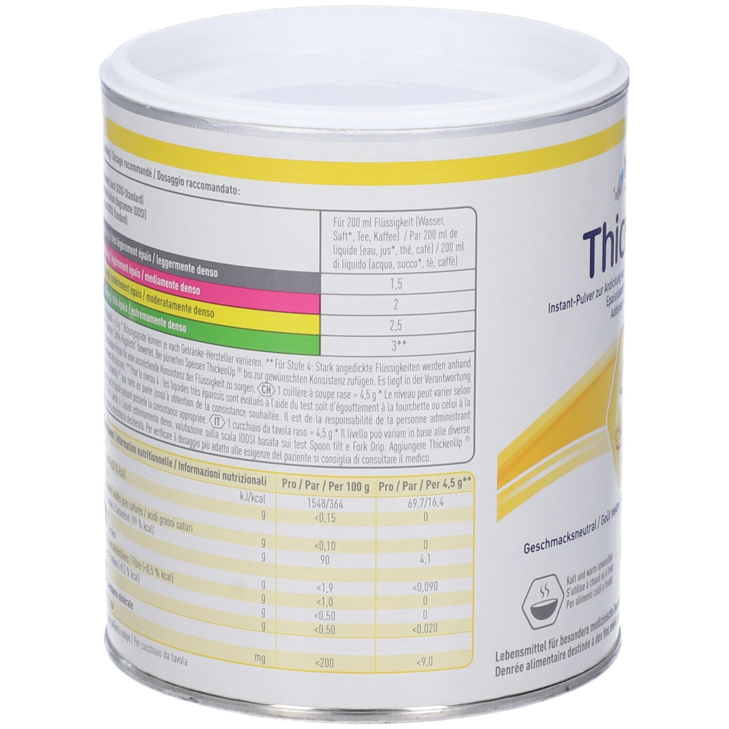 Retro del barattolo Nestlé ThickenUP. Tabelle con informazioni nutrizionali e raccomandazioni di dosaggio per diverse consistenze.