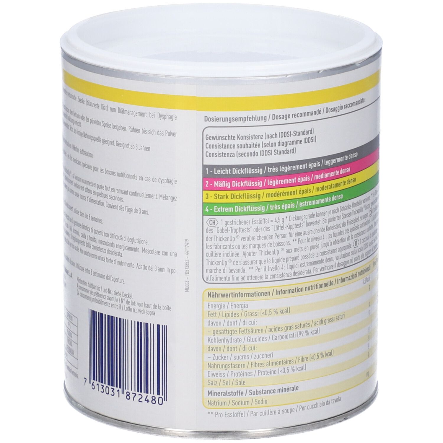 Retro del barattolo Nestlé ThickenUP. Raccomandazioni di dosaggio e informazioni nutrizionali. Codice a barre e informazioni produttore.