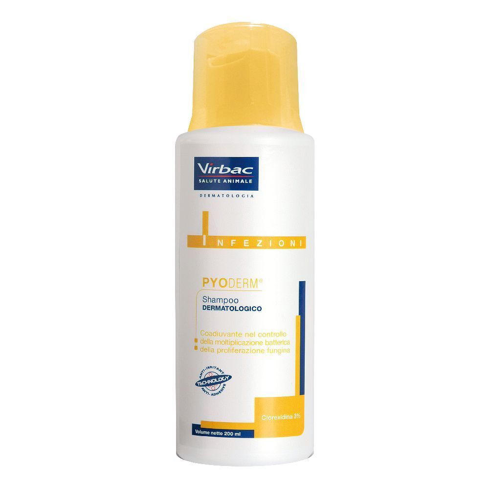 Flacone bianco con tappo giallo. Scritte: Virbac, Pyoderm Shampoo. Accenti blu e gialli. Testo in italiano.