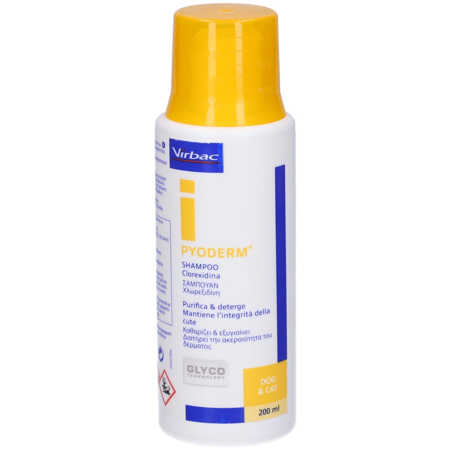 Flacone bianco con tappo giallo. Scritte: Virbac, Pyoderm Shampoo. Testo multilingue. Per cani e gatti.