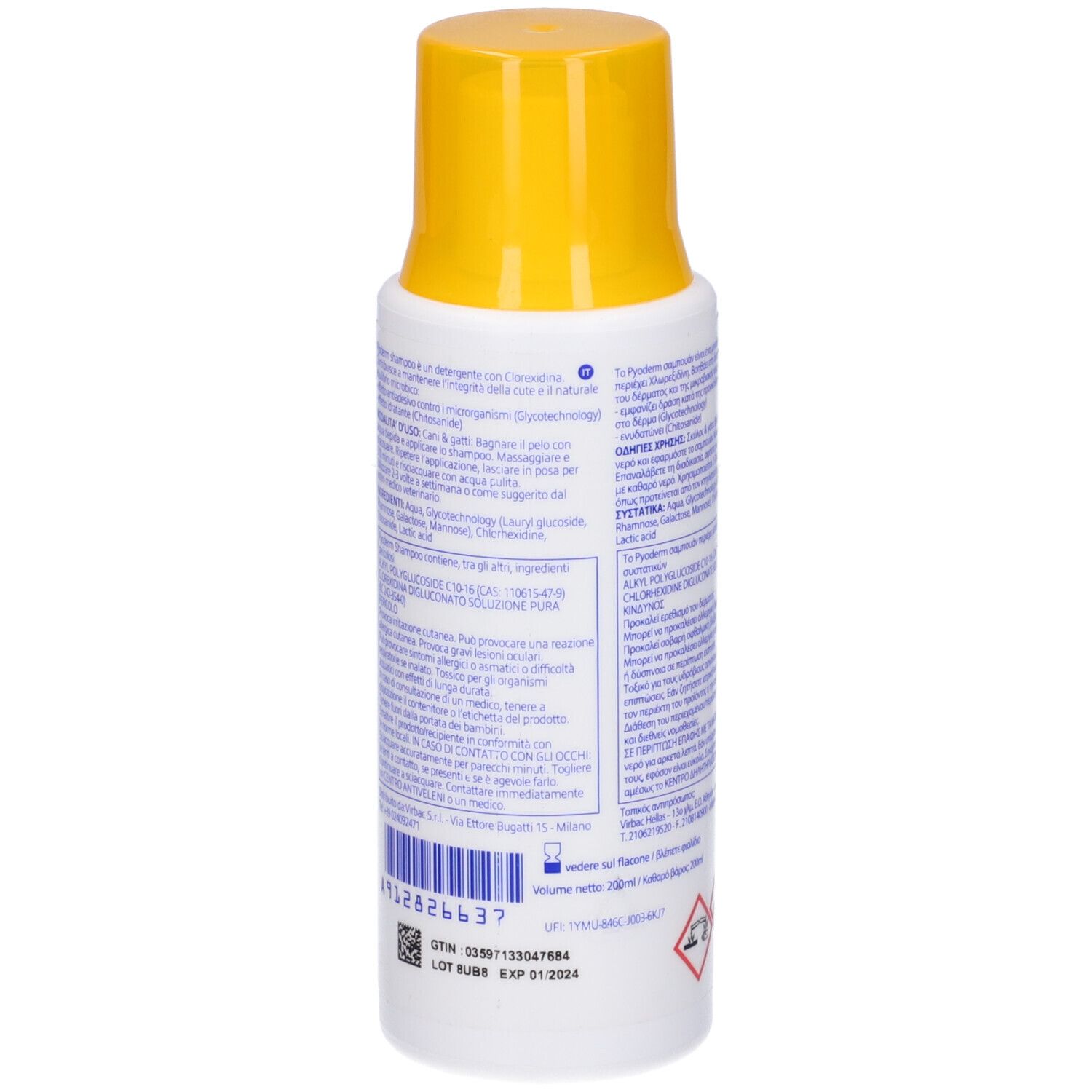 Retro di un flacone bianco con tappo giallo. Testo multilingue. Numero di lotto e data di scadenza.