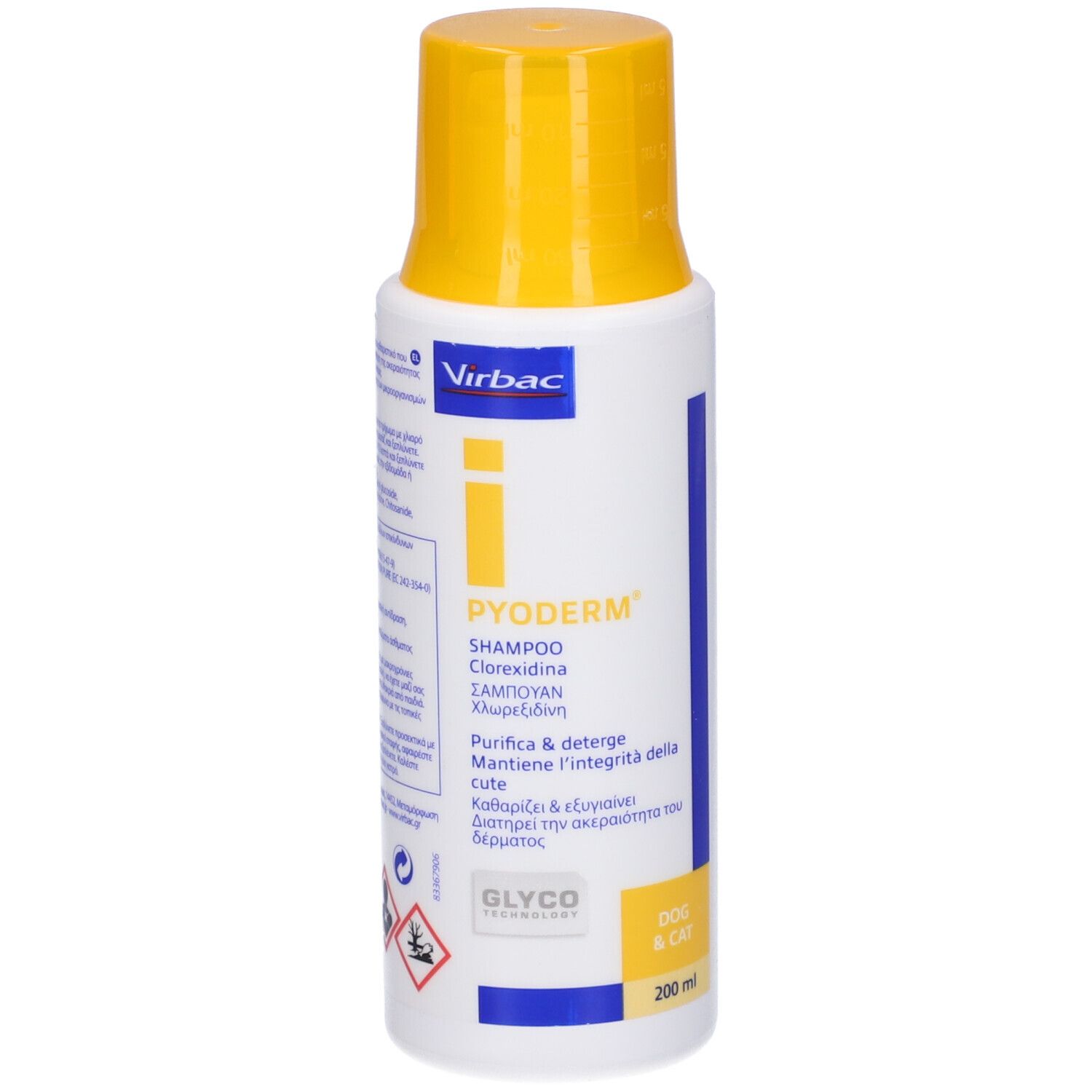 Flacone bianco con tappo giallo. Scritte: Virbac, Pyoderm Shampoo. Testo multilingue. Per cani e gatti.