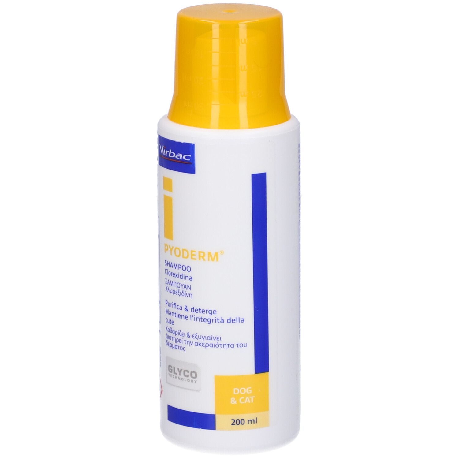 Flacone bianco con tappo giallo. Scritte: Virbac, Pyoderm Shampoo. Testo multilingue. Per cani e gatti.
