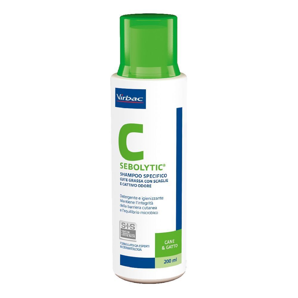 Flacone bianco-verde di shampoo. Scritto: C Sebolytic, per cani e gatti. Marchio Virbac.