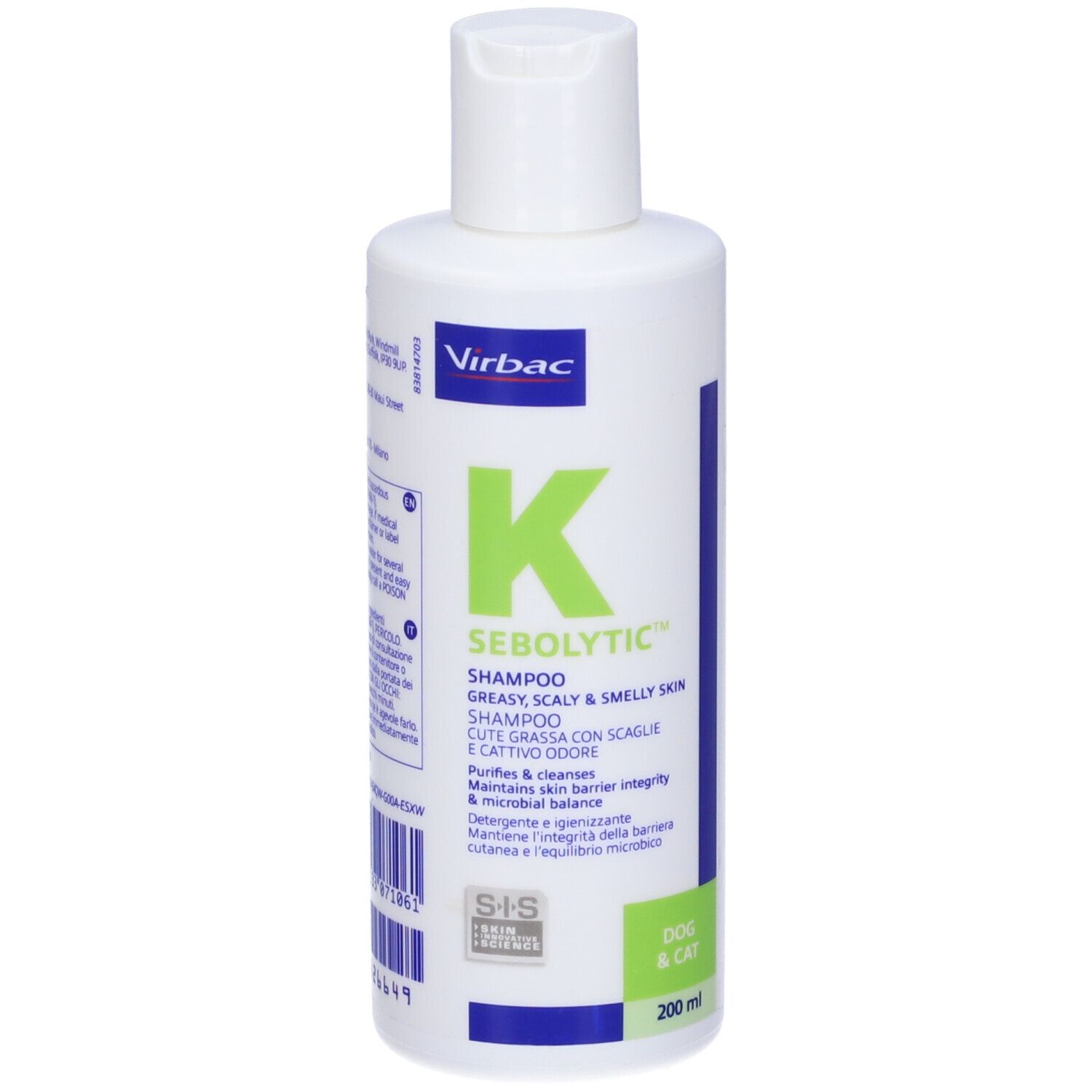 Contenitore di shampoo bianco con stampa verde. Scritto: K Sebolytic, per cani e gatti. Marchio Virbac.