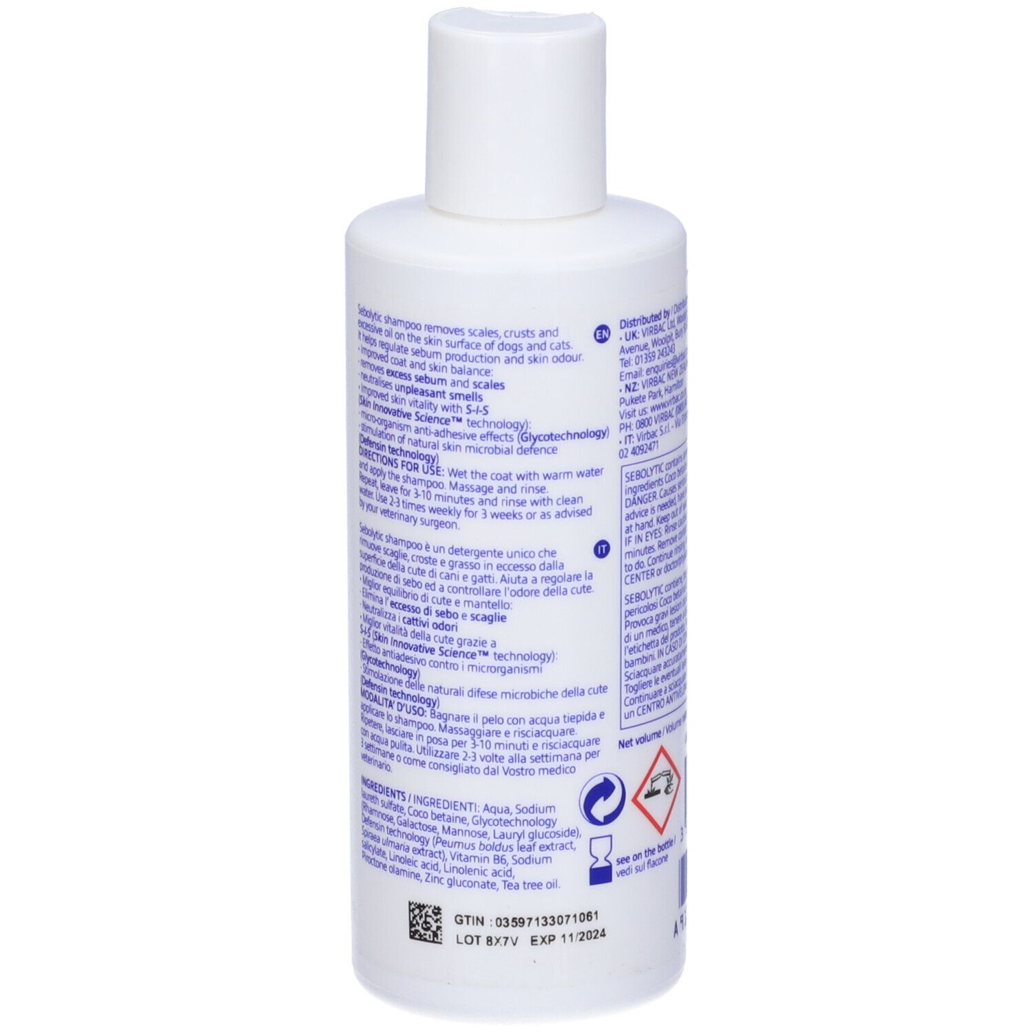 Retro di un flacone di shampoo bianco. Testo: utilizzo, ingredienti, avvertenze. Marchio Virbac.