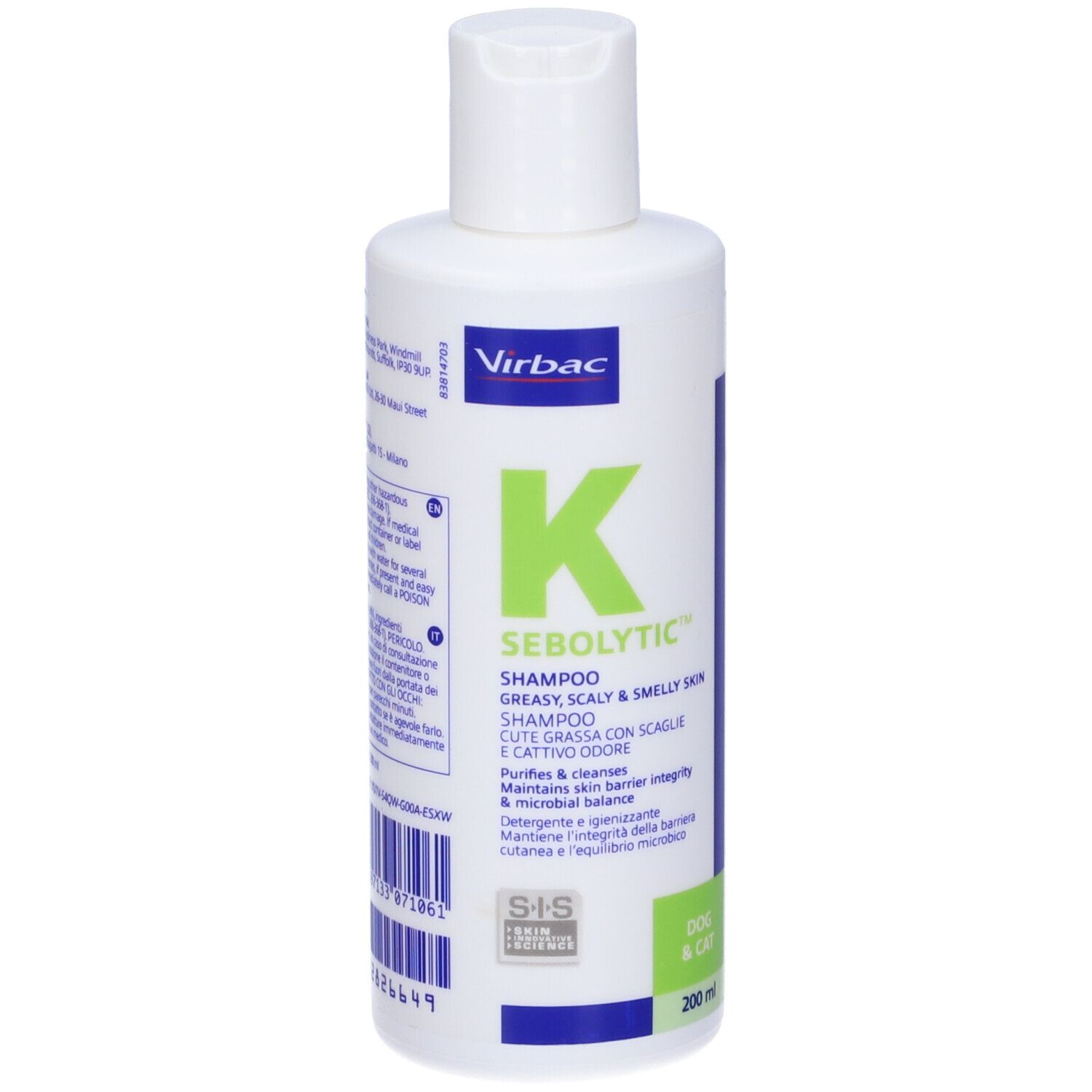 Contenitore di shampoo bianco con stampa verde. Scritto: K Sebolytic, per cani e gatti. Marchio Virbac.