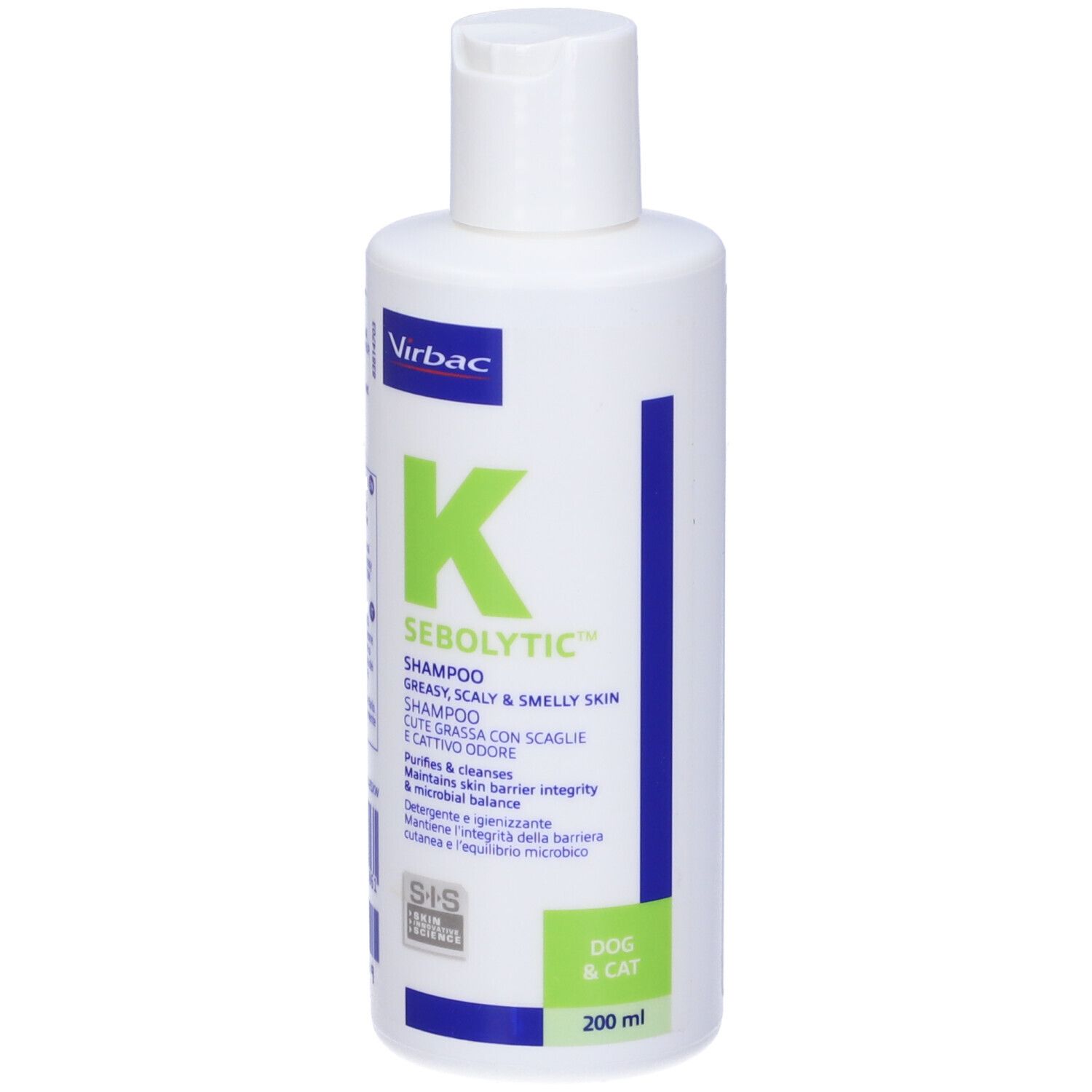 Contenitore di shampoo bianco con stampa verde. Scritto: K Sebolytic, per cani e gatti. Marchio Virbac.