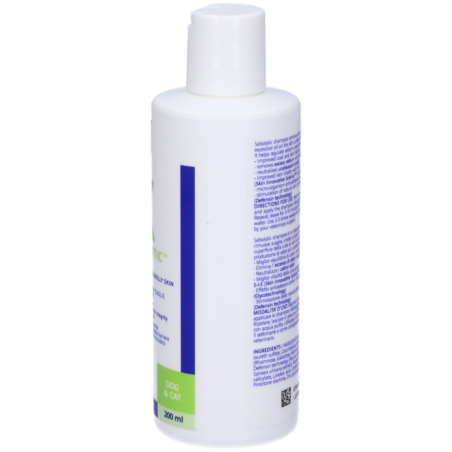 Retro di un flacone di shampoo bianco. Testo: utilizzo, ingredienti, avvertenze. Marchio Virbac.