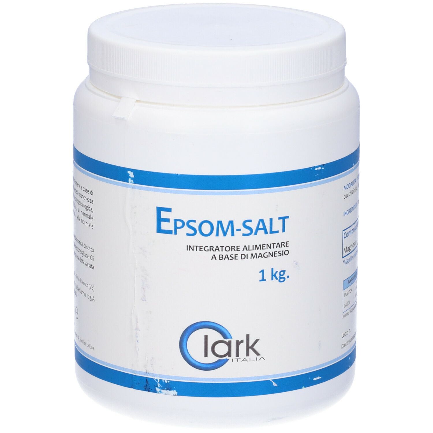 Contenitore bianco con etichetta blu. Scritta: Epsom-Salt, 1 kg. Marchio Clark Italia.