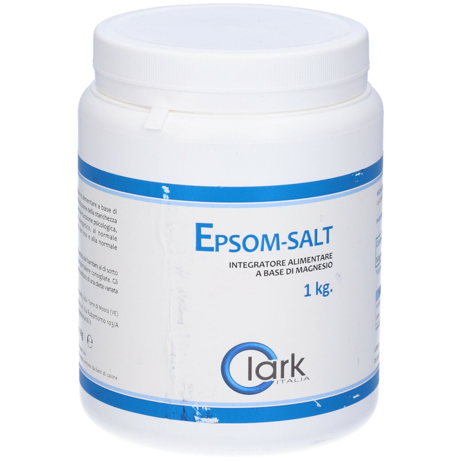 Contenitore bianco con etichetta blu. Scritta: Epsom-Salt, 1 kg. Marchio Clark Italia.