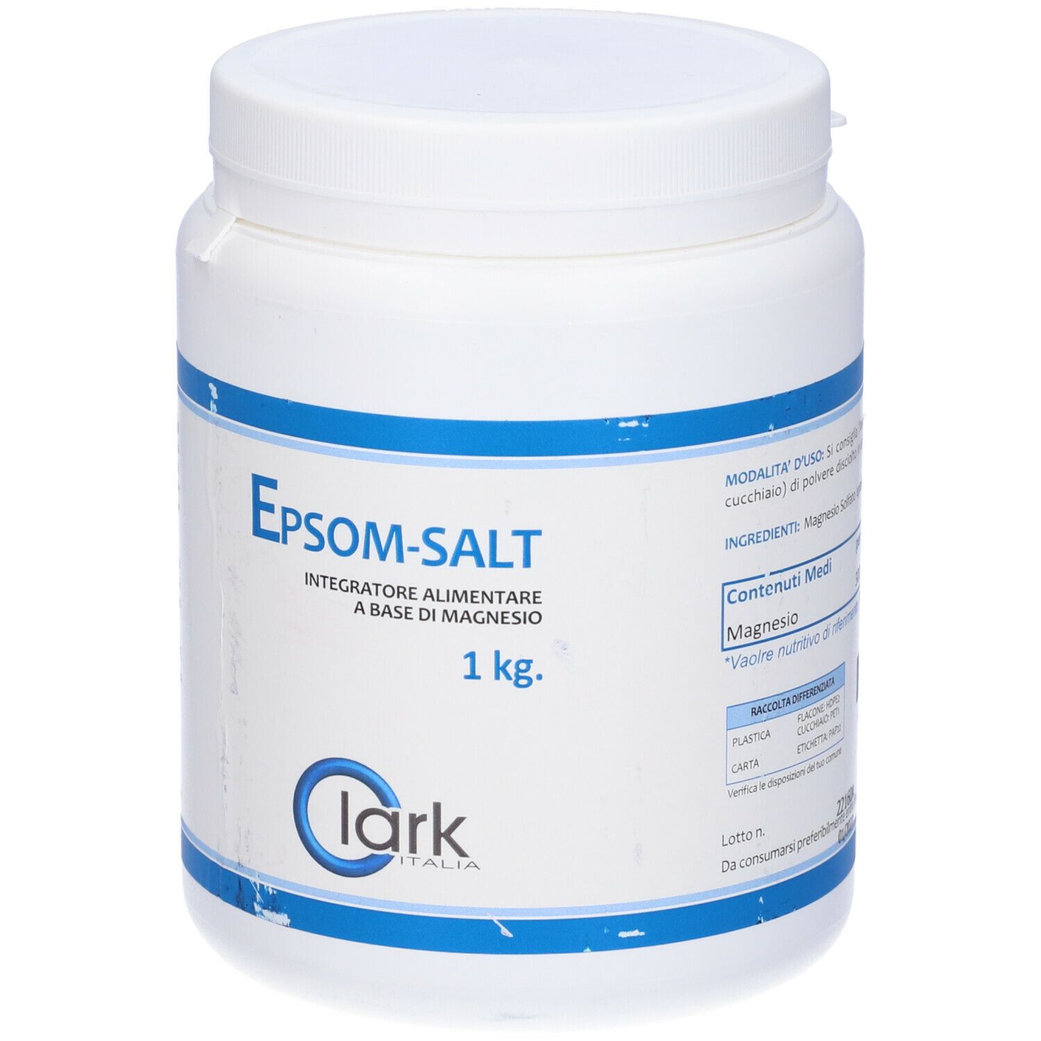 Contenitore bianco con etichetta blu. Scritta: Epsom-Salt, 1 kg. Marchio Clark Italia.