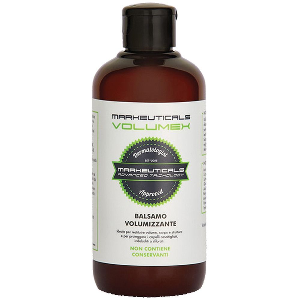 Flacone marrone con tappo nero. Etichetta con testo: Markeuticals Volumex Balsamo Volumizzante. Testato dermatologicamente.