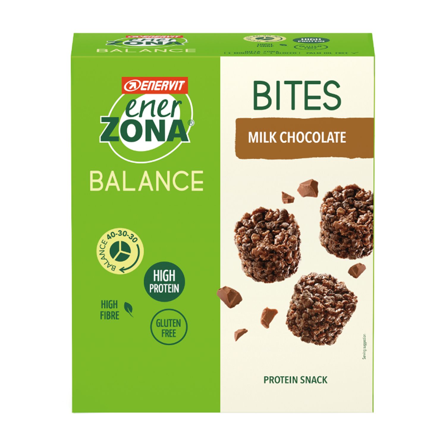 Boîte verte ENERVIT EnerZona Balance Bites au chocolat au lait. Inscriptions : High Fibre, High Protein, Gluten Free. 3 Bites sont représentés.